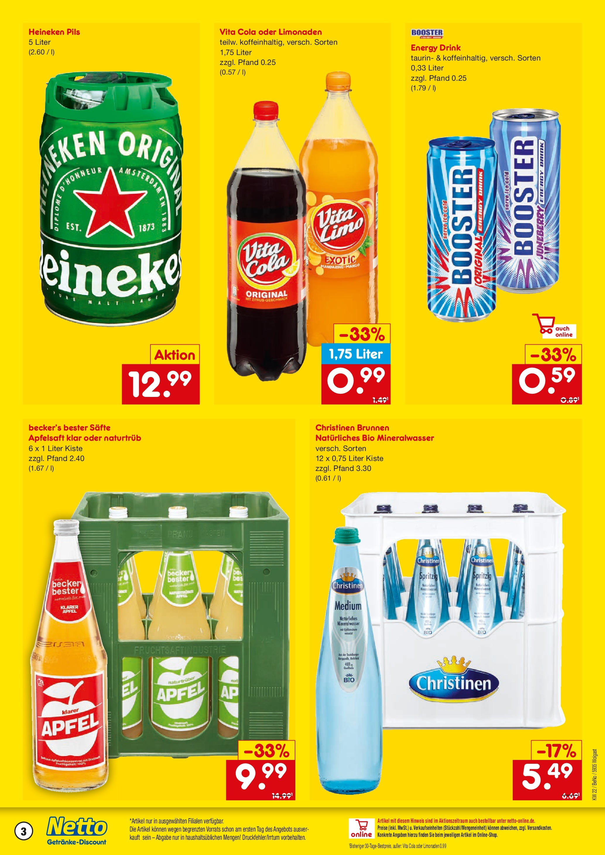 Netto Marken-Discount prospekt Wolgast	 (ab 26.05.2025) » Angebote | Seite: 3 | Produkte: Mineralwasser, Apple, Heineken, Vita cola