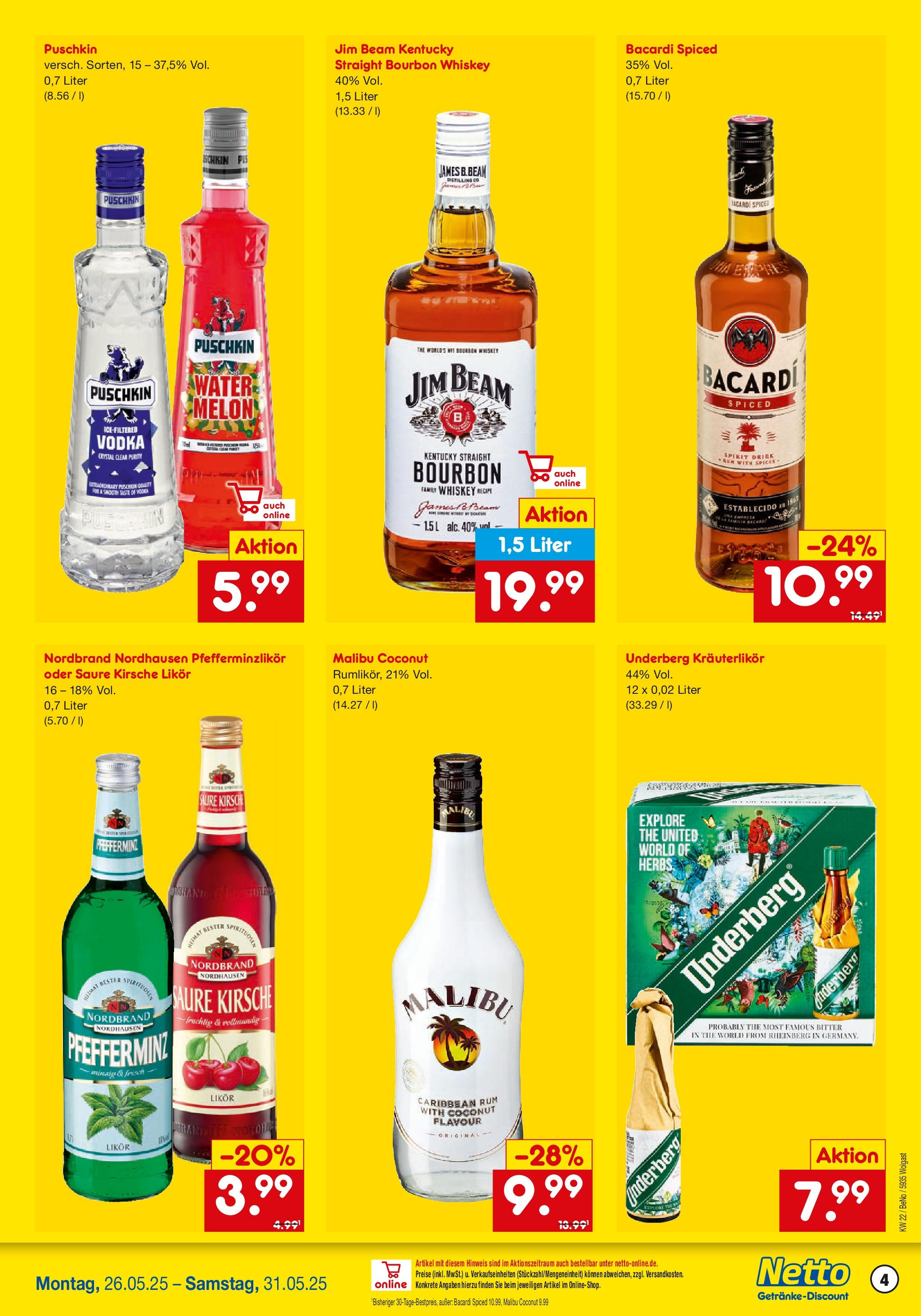 Netto Marken-Discount prospekt Wolgast	 (ab 26.05.2025) » Angebote | Seite: 4 | Produkte: Bacardi, Jim beam, Bourbon, Underberg