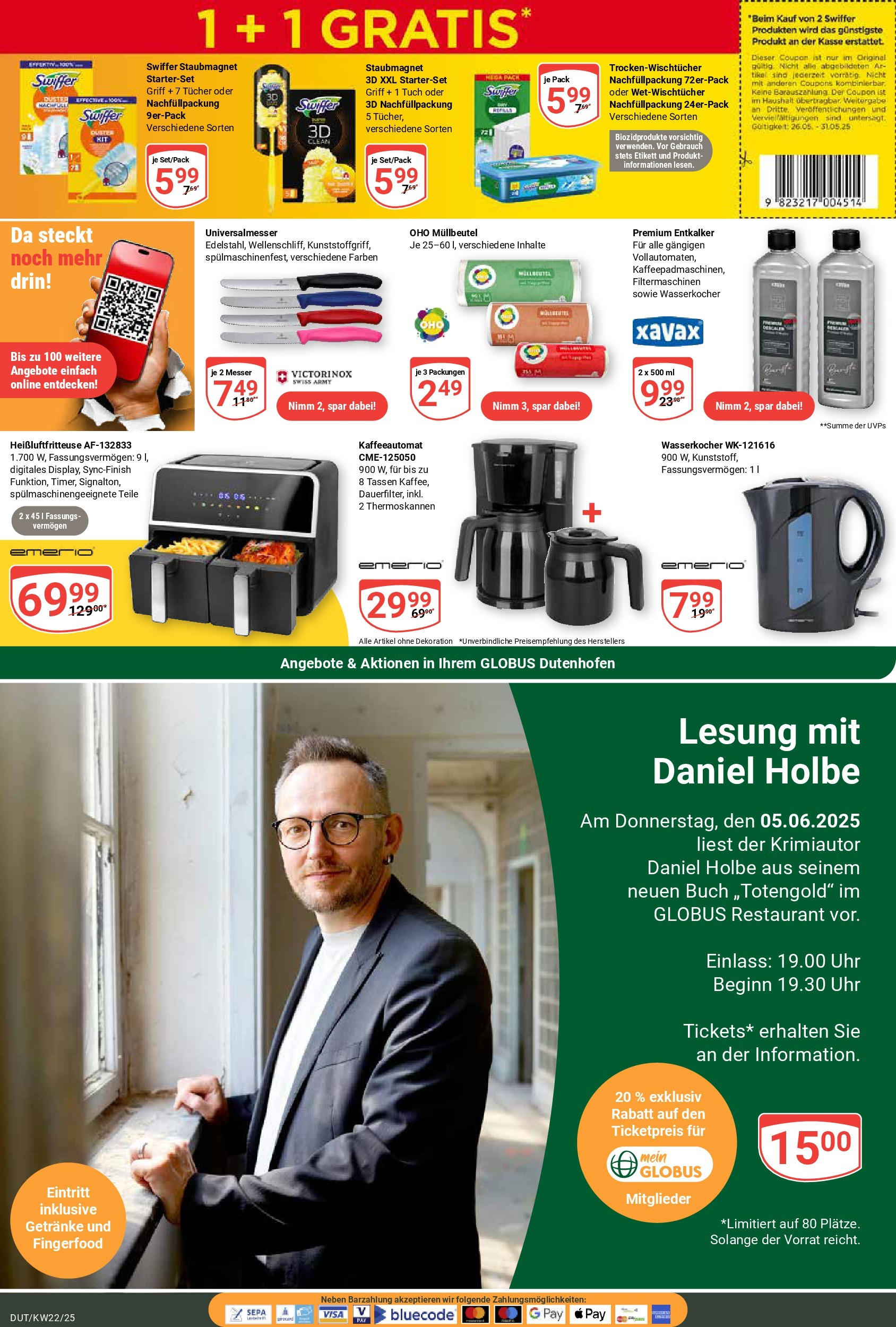 Globus prospekt Wetzlar-Dutenhofen (ab 25.05.2025) » Angebote ab Montag | Seite: 20 | Produkte: Wasserkocher, Swiffer, Heißluftfritteuse, Uhr Globus prospekt Wetzlar-Dutenhofen (ab 25.05.2025) » Angebote online | Seite: 20 | Produkte: Wasserkocher, Swiffer, Heißluftfritteuse, Uhr