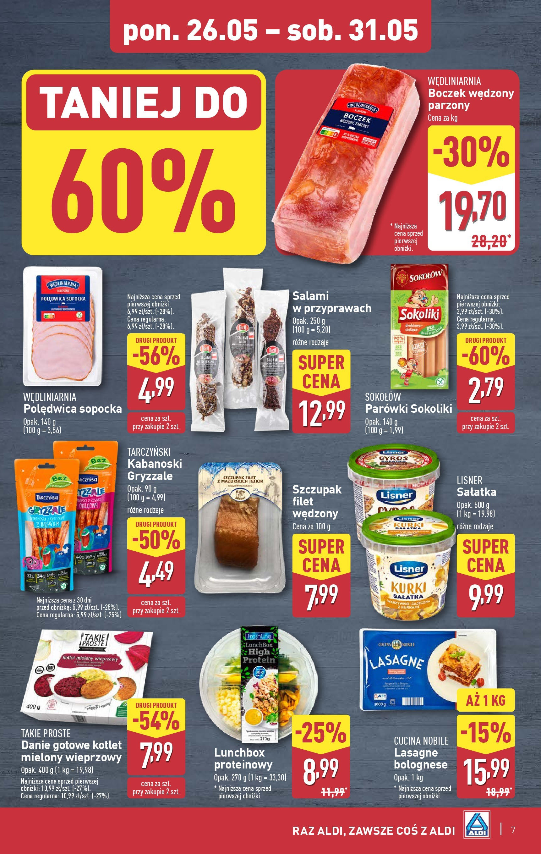 Aldi Gazetka od 26.05.2025 - Ulotka PDF, promocje | Strona: 7 | Produkty: Boczek wędzony parzony, Parówki sokoliki, Parówki, Lasagne bolognese