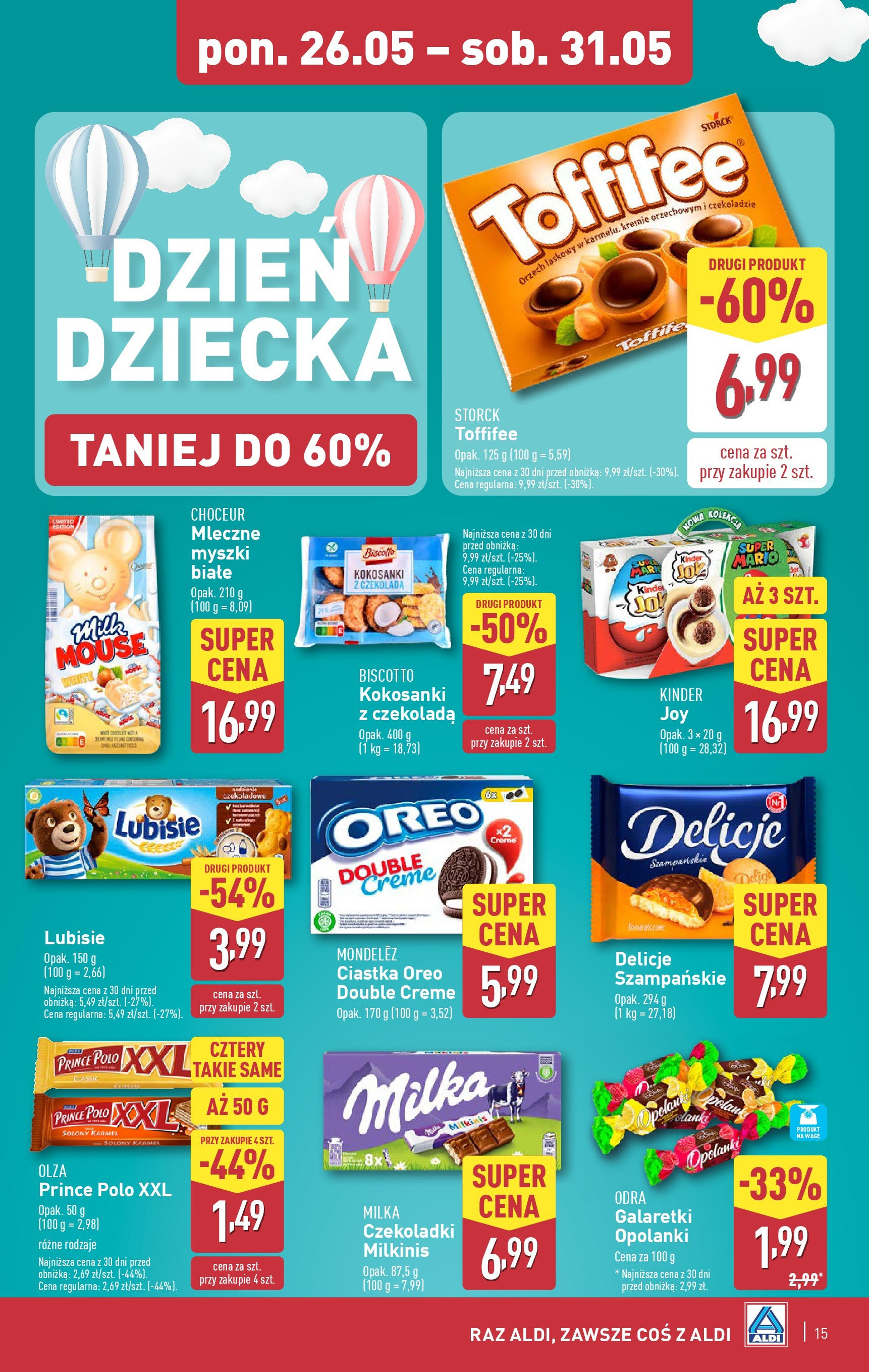 Aldi Gazetka od 26.05.2025 - Ulotka PDF, promocje | Strona: 15 | Produkty: Prince polo xxl, Galaretki, Kinder Joy, Ciastka