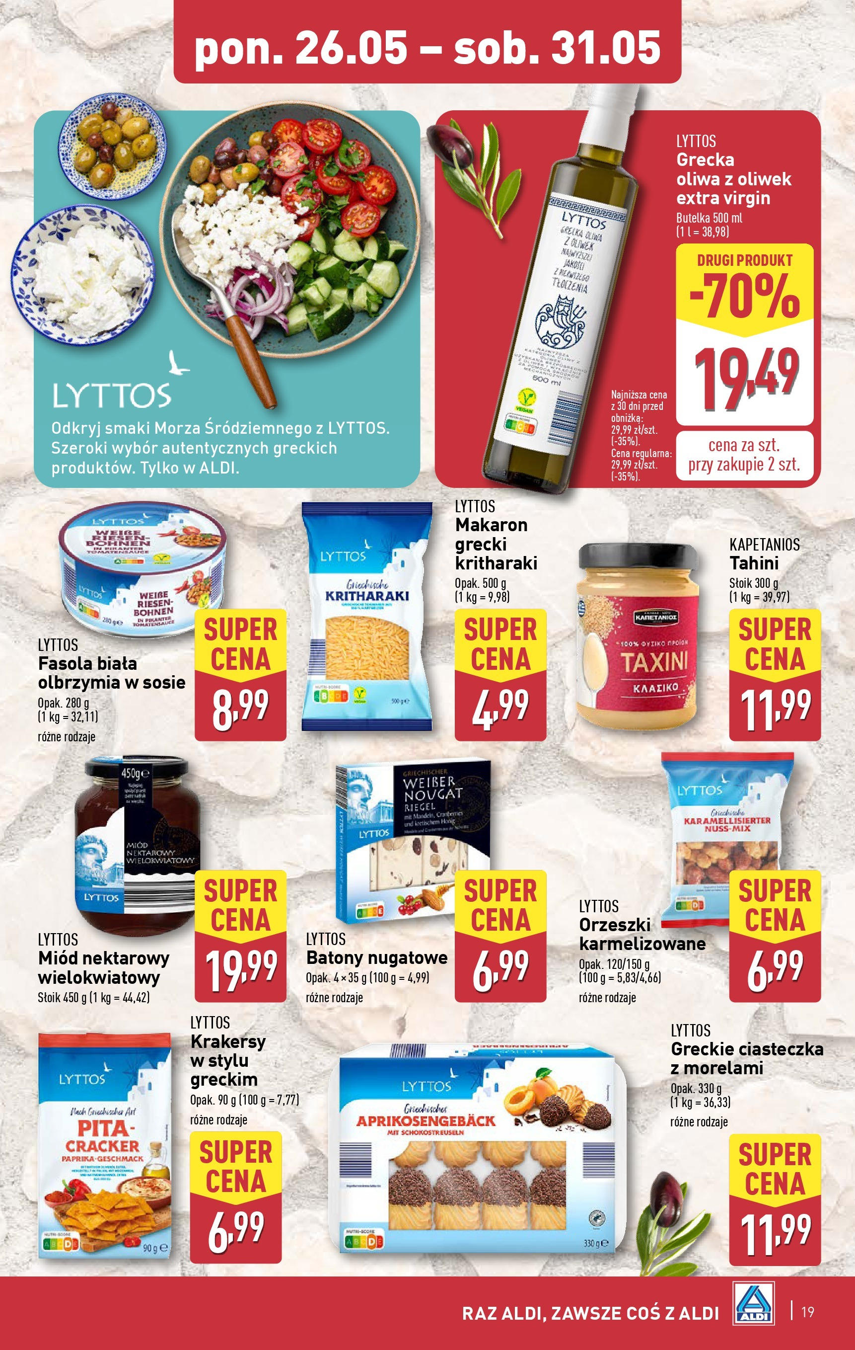Aldi Gazetka od 26.05.2025 - Ulotka PDF, promocje | Strona: 19 | Produkty: Miód, Oliwa z oliwek extra virgin, Makaron, Ciasteczka