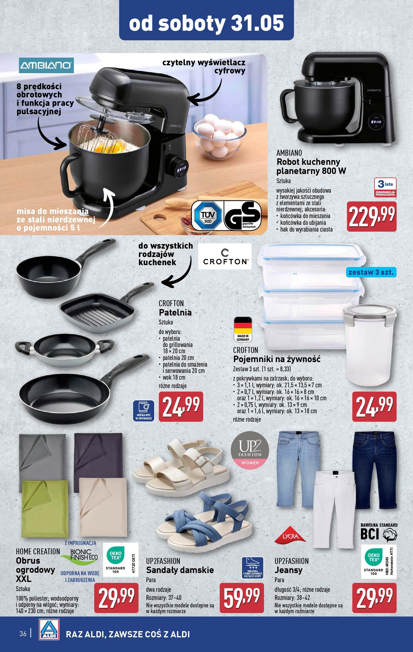 Aldi Gazetka od 26.05.2025 - Ulotka PDF, promocje | Strona: 36 | Produkty: Sandały, Robot kuchenny, Pojemniki na żywność, Finish