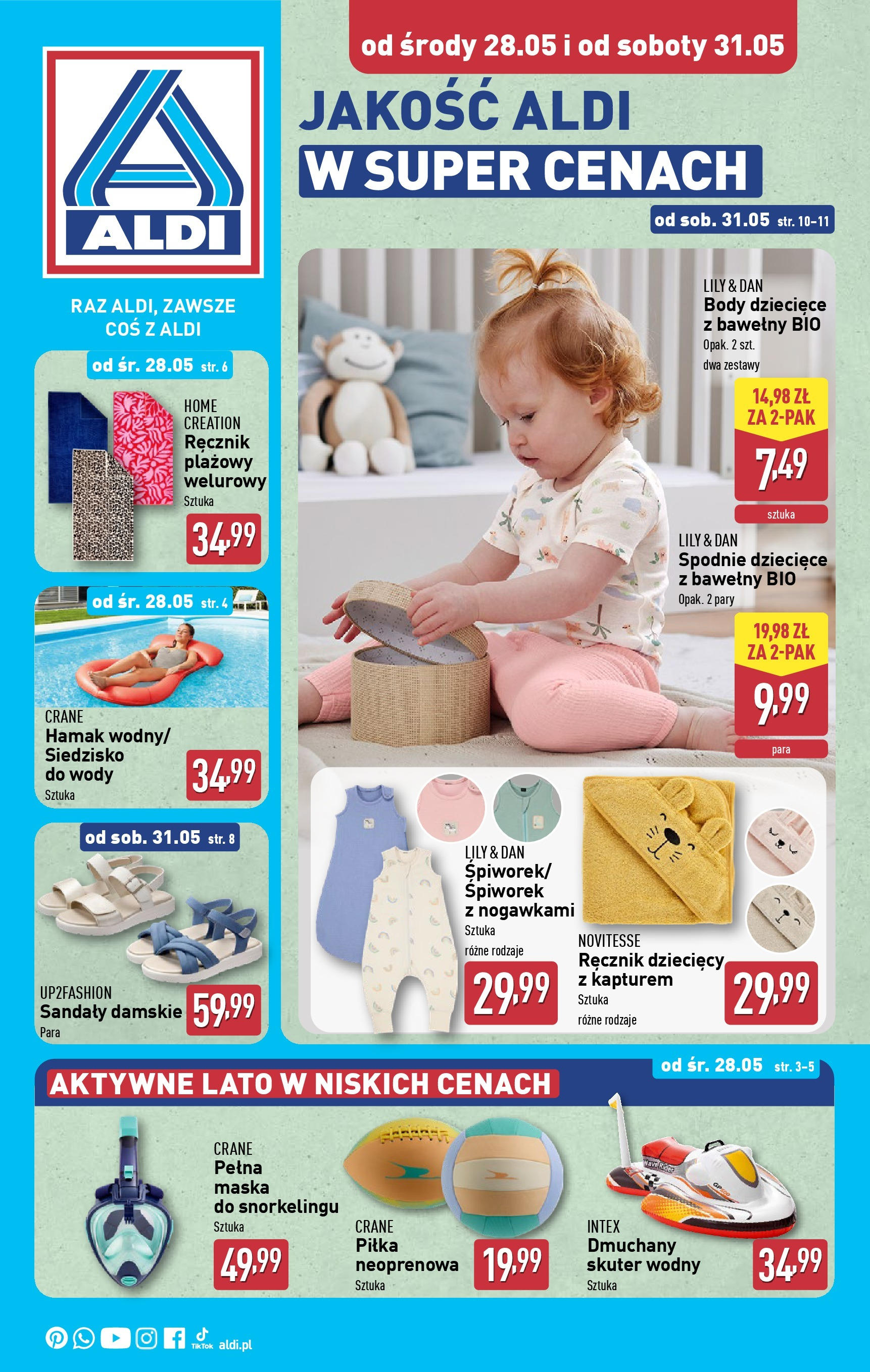 Aldi Gazetka - Hity od Środy i od Soboty od 28.05.2025 - Ulotka PDF, promocje | Strona: 1 | Produkty: Spodnie, Sandały, Maska, Hamak
