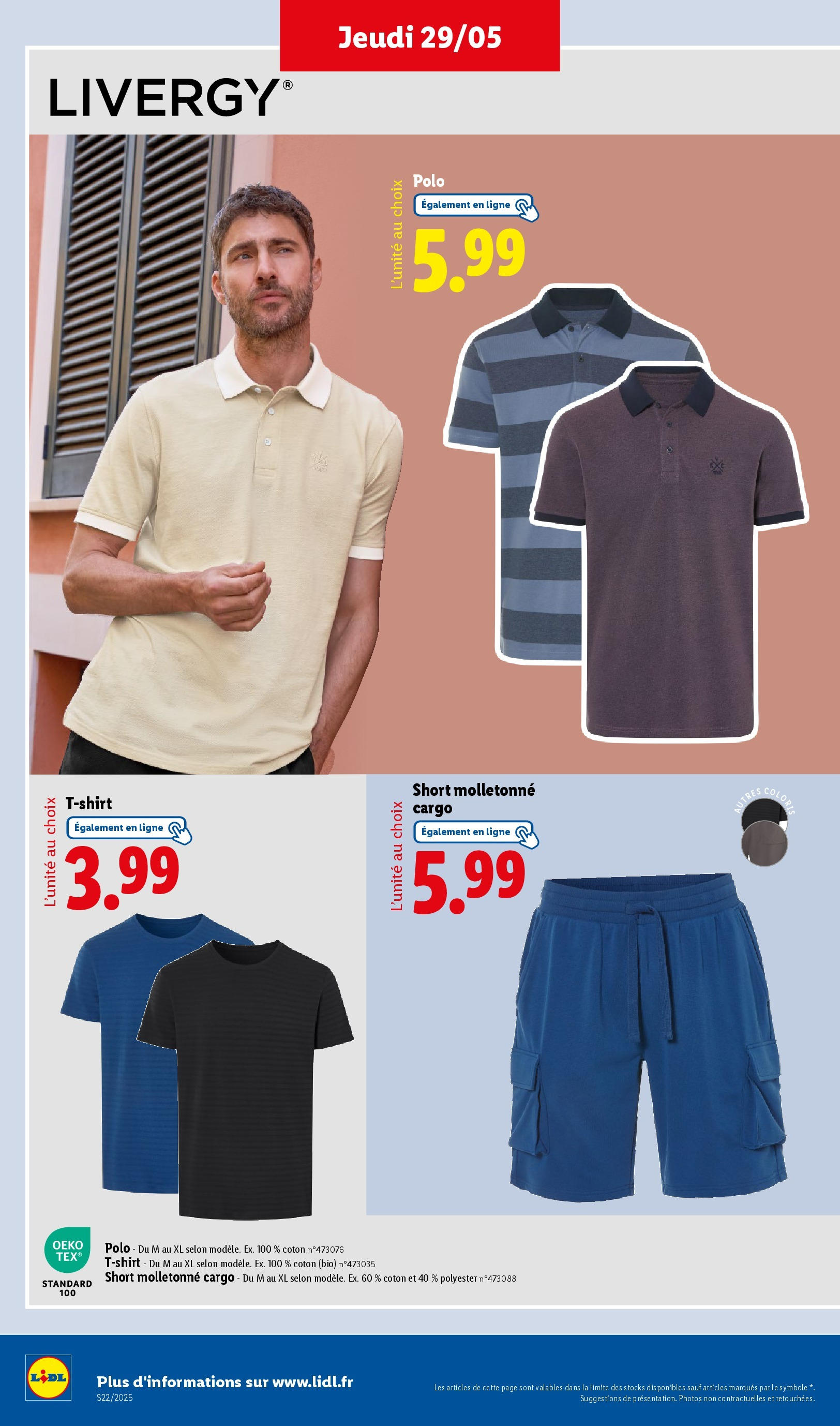 Catalogue LIDL du 28/05/2025 | Promo prospectus en ligne | Page: 44 | Produits: Polo, Coton, T-shirt Catalogue LIDL du 28/05/2025 | Promo prospectus en ligne | Page: 44 | Produits: Polo, Coton, T-shirt