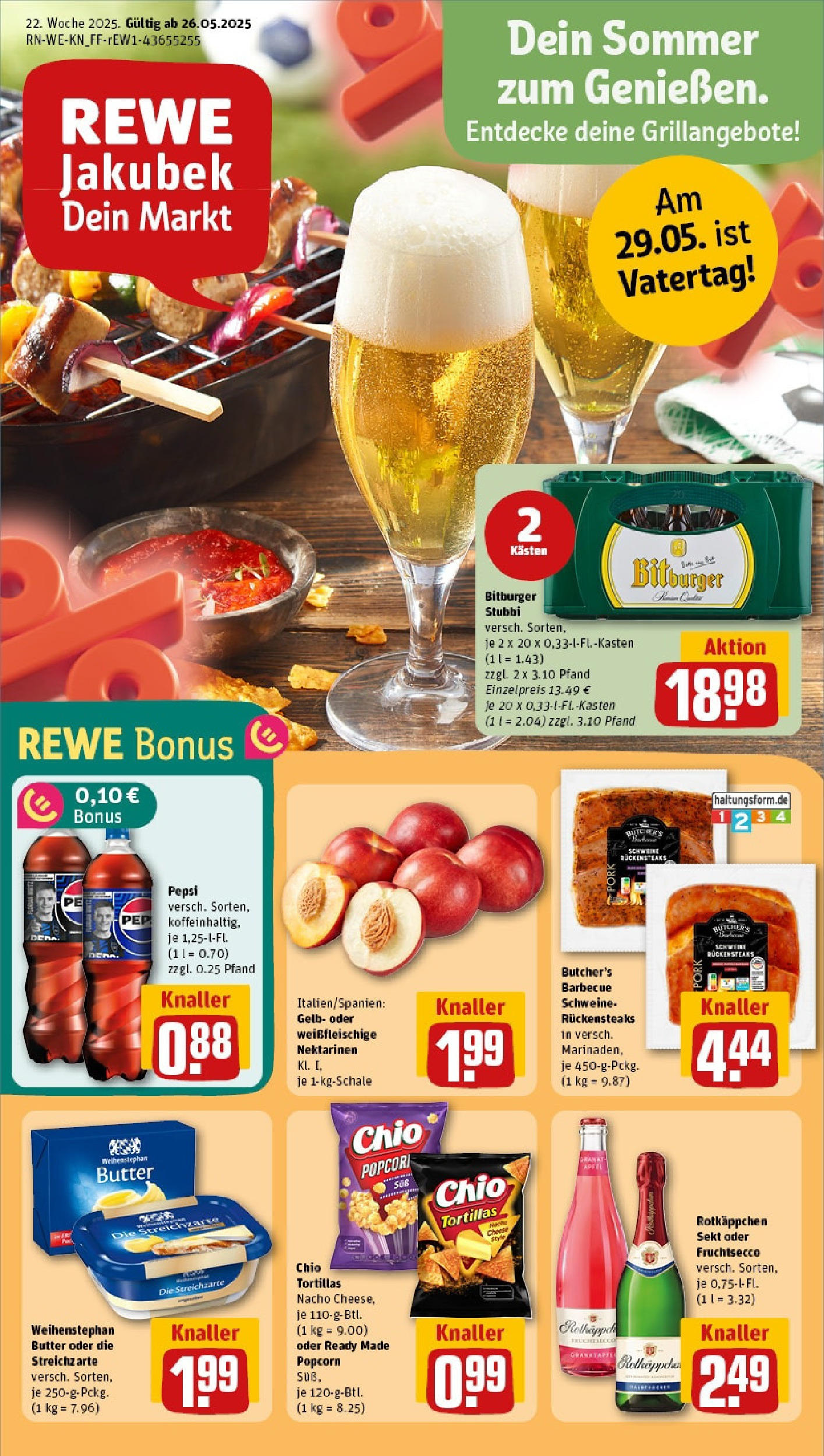 Rewe prospekt Bergisch Gladbach / Paffrath	 (ab 25.05.2025) zum Blättern » Angebote | Seite: 1 | Produkte: Butter, Nektarinen, Rotkäppchen, Chio tortillas