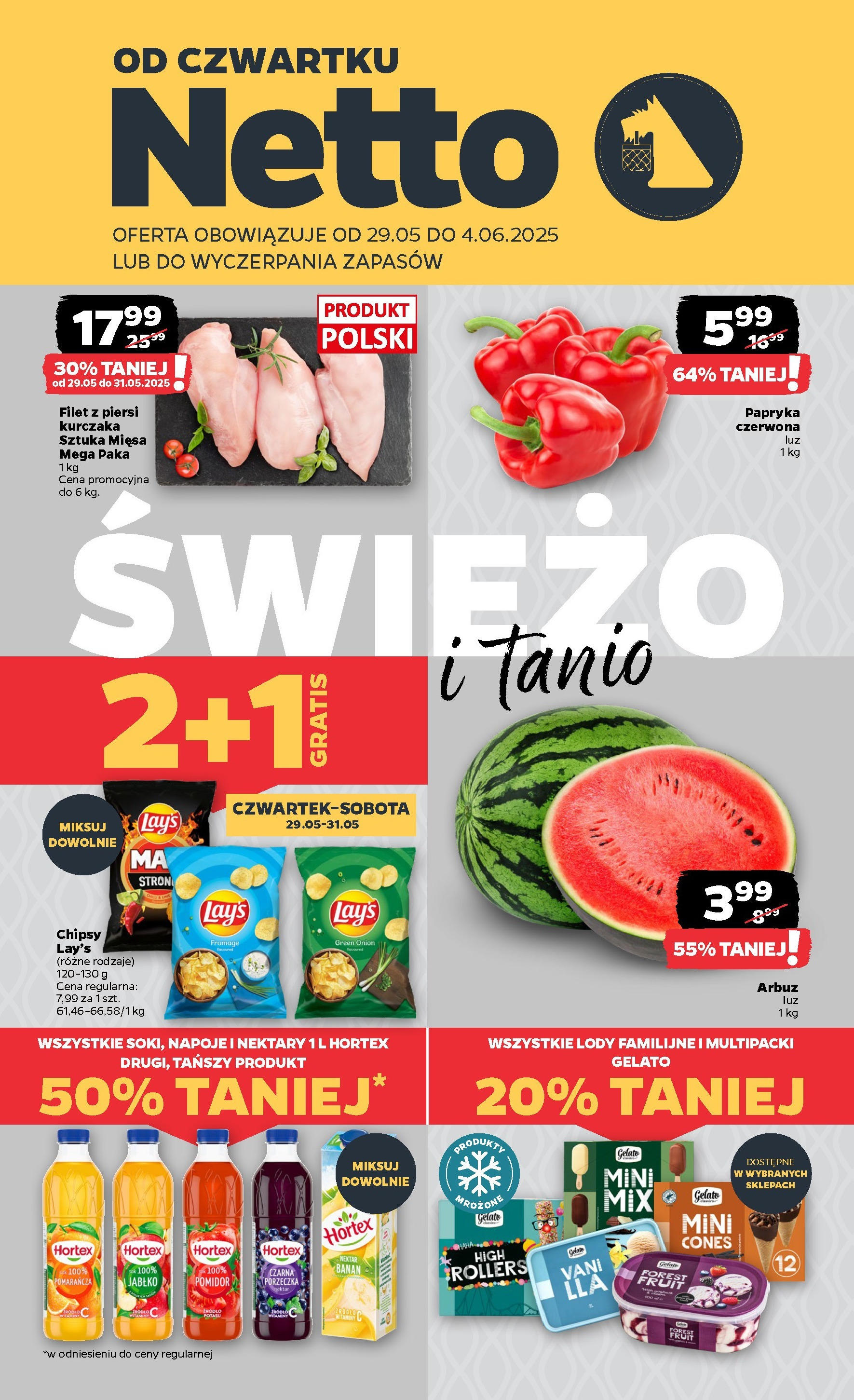 Netto gazetka - Spożywcza od 29.05.2025 - Aktualne promocje | Strona: 1 | Produkty: Arbuz, Napoje, Porzeczka, Filet z piersi kurczaka