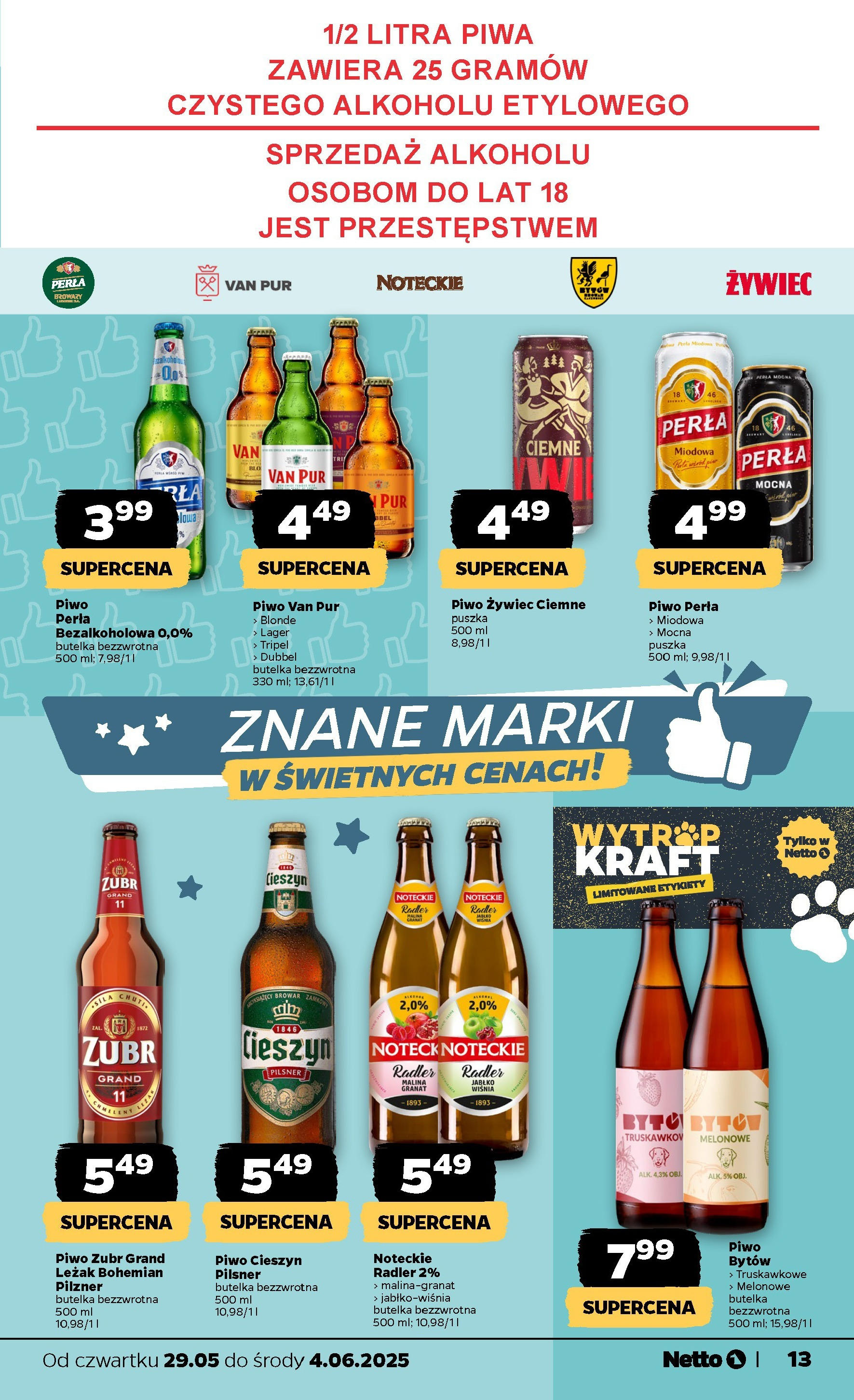 Netto gazetka - Spożywcza od 29.05.2025 - Aktualne promocje | Strona: 13 | Produkty: Piwo żubr, Malina, Leżak, Piwo perła