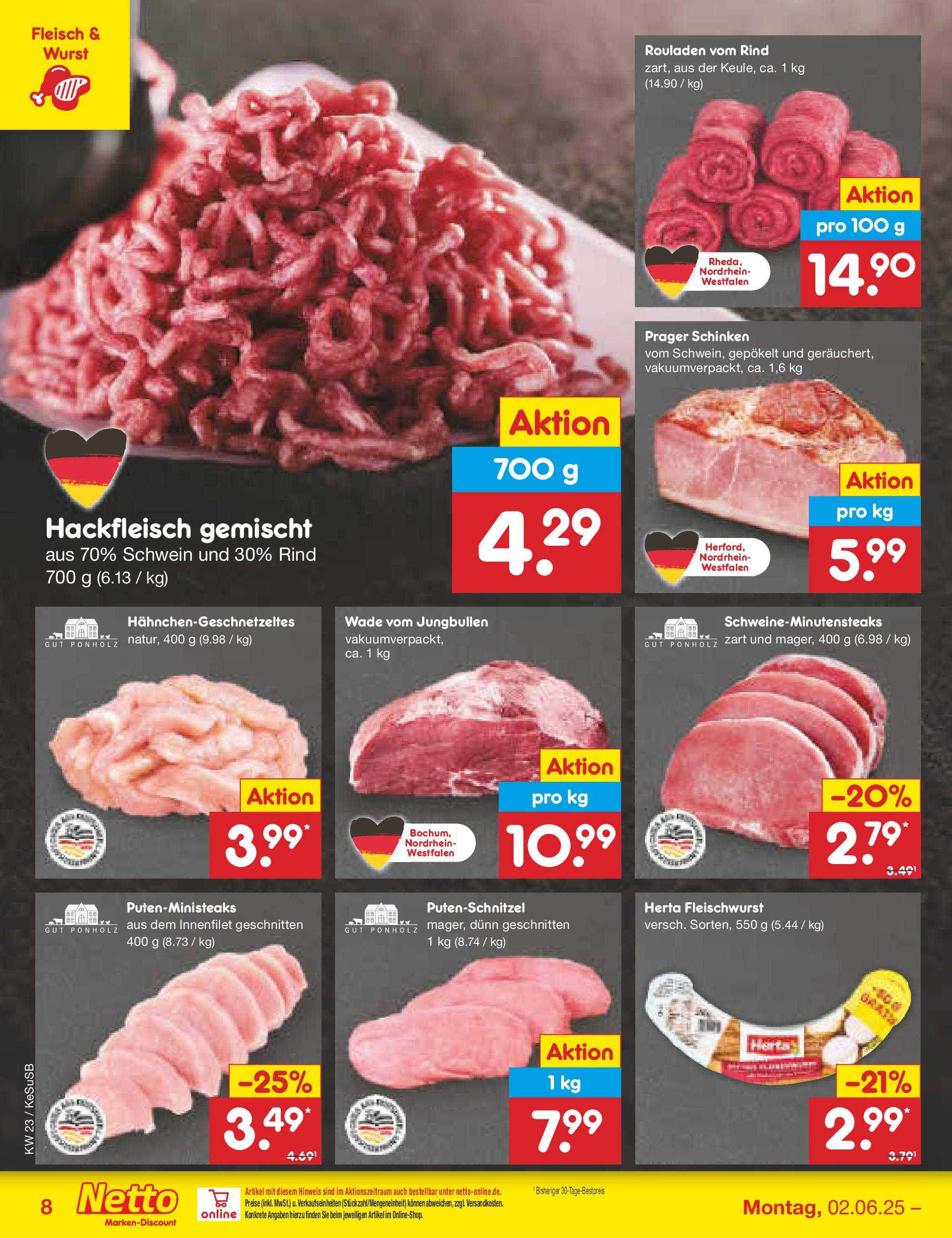 Netto Marken-Discount prospekt Kruft	 (ab 01.06.2025) » Angebote | Seite: 10 | Produkte: Herta fleischwurst, Putenschnitzel, Schinken, Hackfleisch