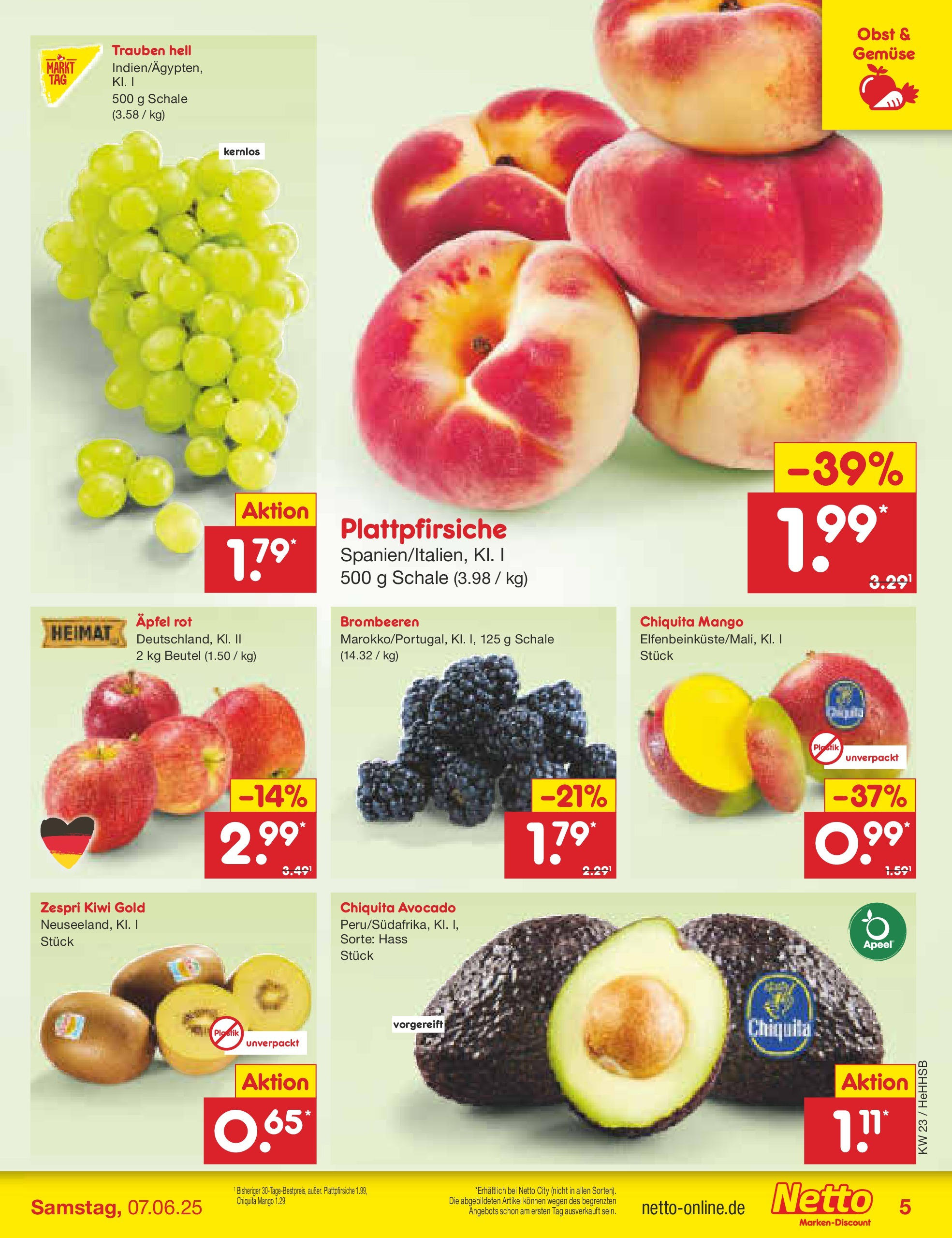 Netto Marken-Discount prospekt Hamburg (ab 01.06.2025) » Angebote | Seite: 5 | Produkte: Trauben, Gemüse, Mango, Kiwi