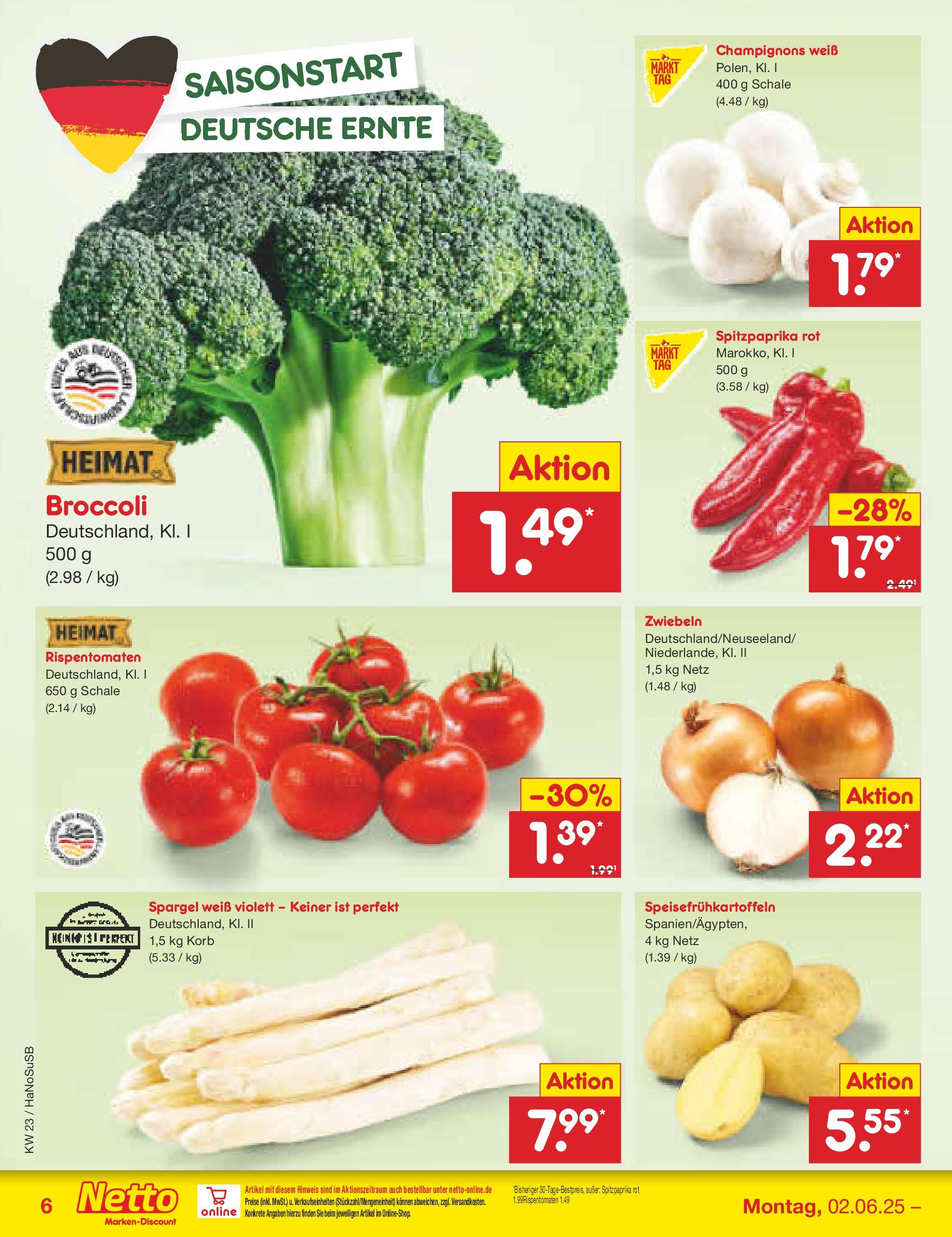 Netto Marken-Discount prospekt Schwerte-Geisecke (ab 01.06.2025) » Angebote | Seite: 6 | Produkte: Paprika rot, Korb, Spargel, Zwiebeln