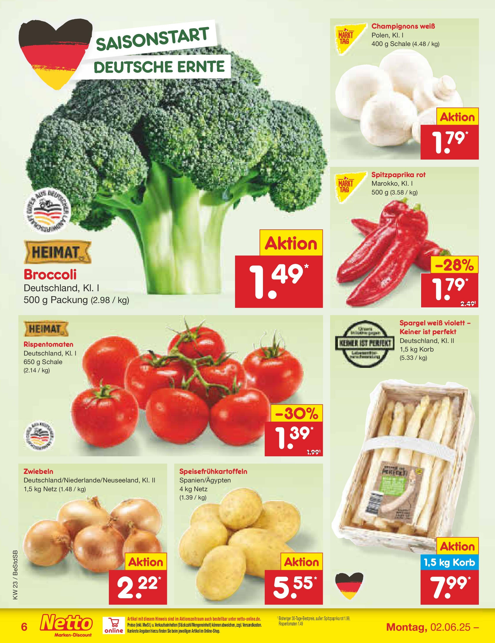 Netto Marken-Discount prospekt Berlin-Spandau (ab 01.06.2025) » Angebote | Seite: 6 | Produkte: Korb, Spargel, Champignons, Zwiebeln