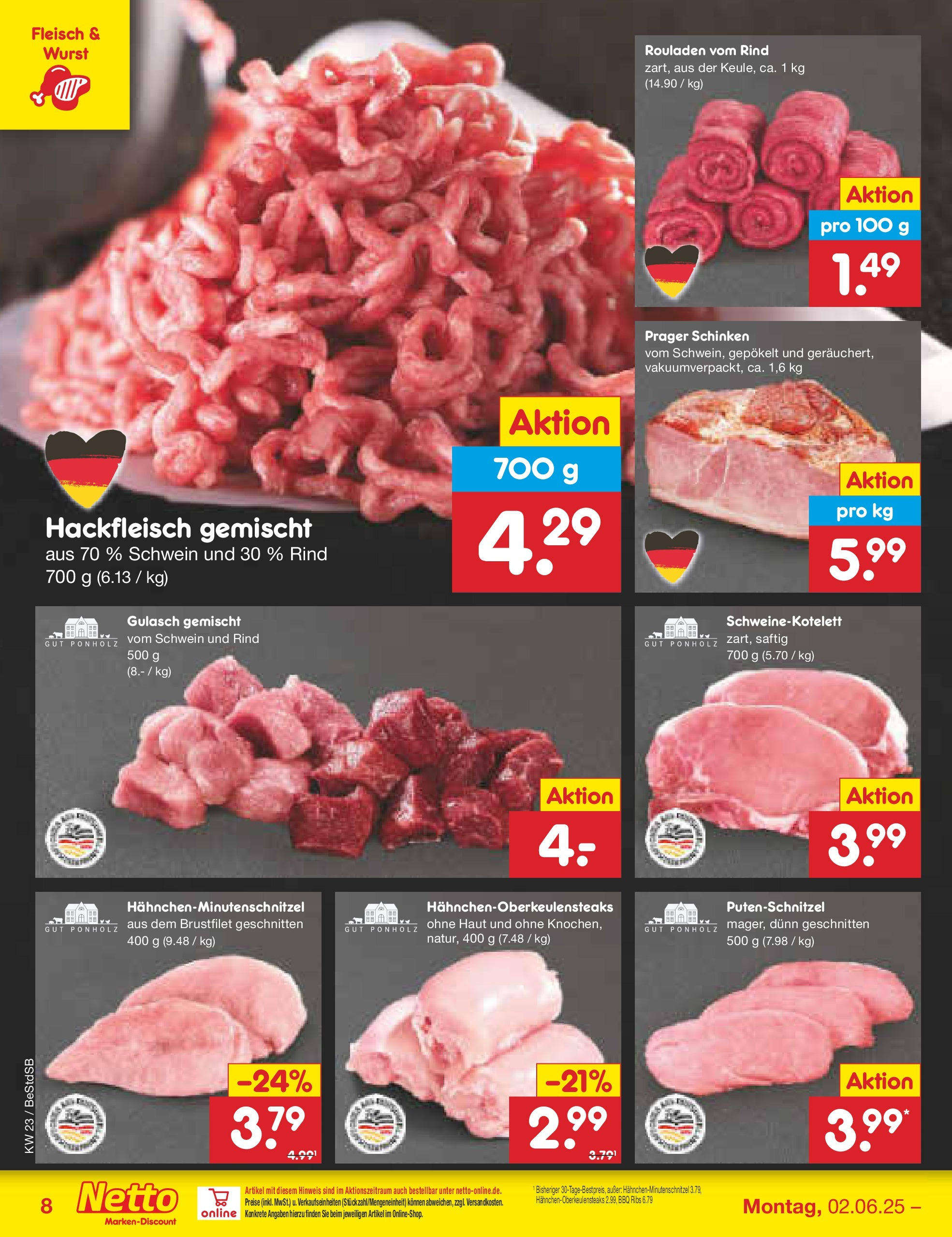 Netto Marken-Discount prospekt Berlin-Spandau (ab 01.06.2025) » Angebote | Seite: 10 | Produkte: Gulasch, Putenschnitzel, Wurst, Hackfleisch