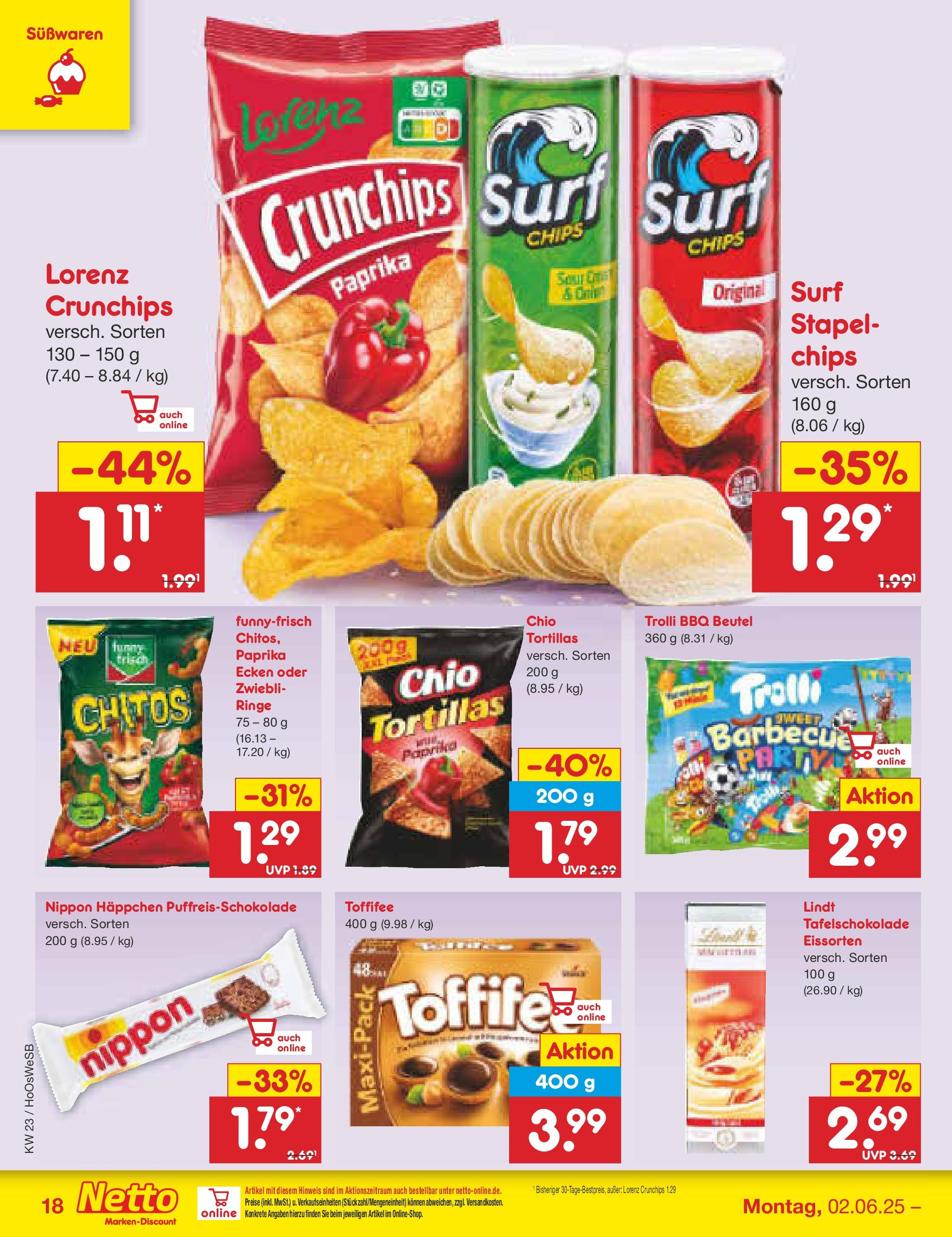 Netto Marken-Discount prospekt Hannover (ab 01.06.2025) » Angebote | Seite: 28 | Produkte: Toffifee, Lorenz crunchips, Lindt, Chips