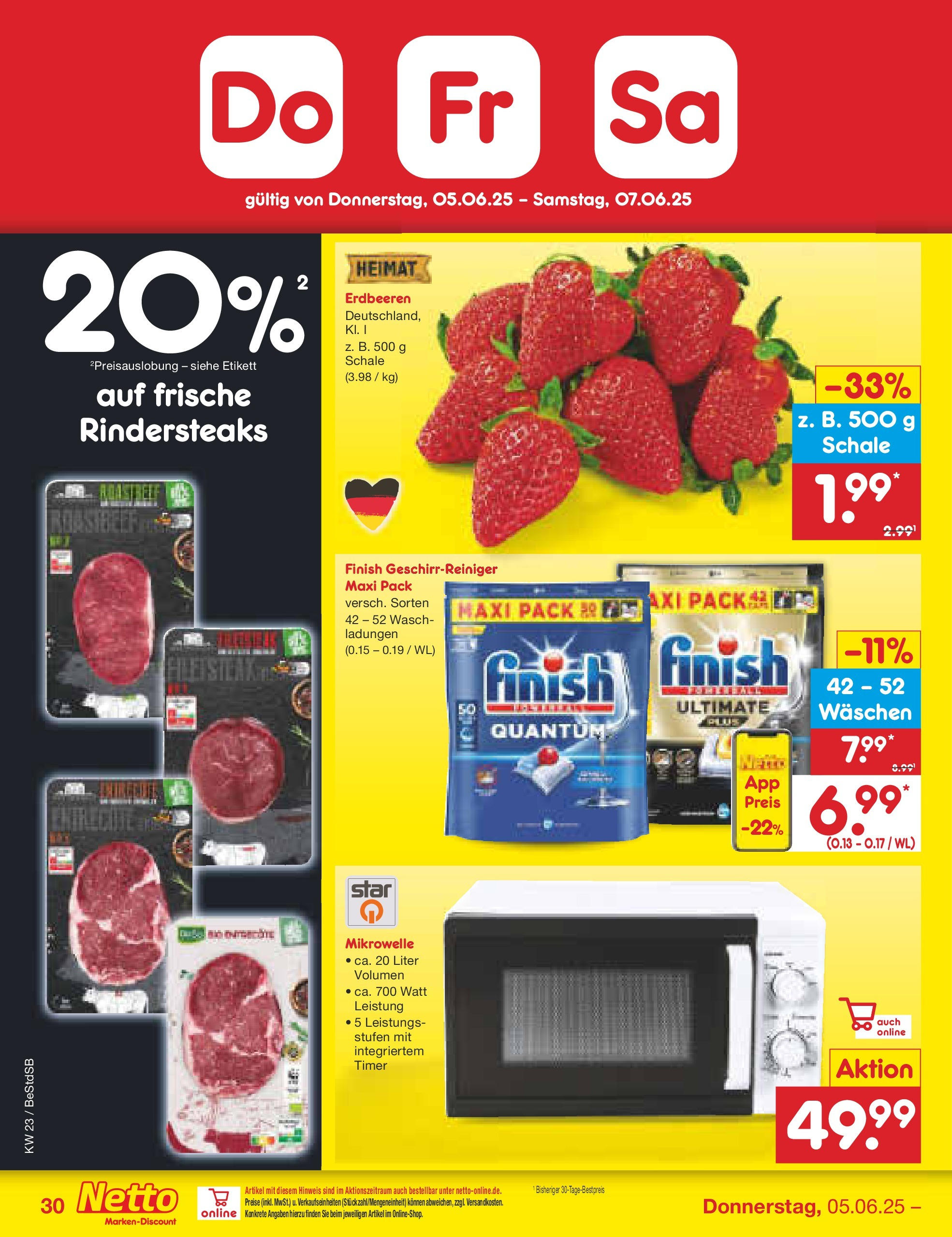 Netto Marken-Discount prospekt Berlin-Spandau (ab 01.06.2025) » Angebote | Seite: 52 | Produkte: Mikrowelle, Finish, Erdbeeren