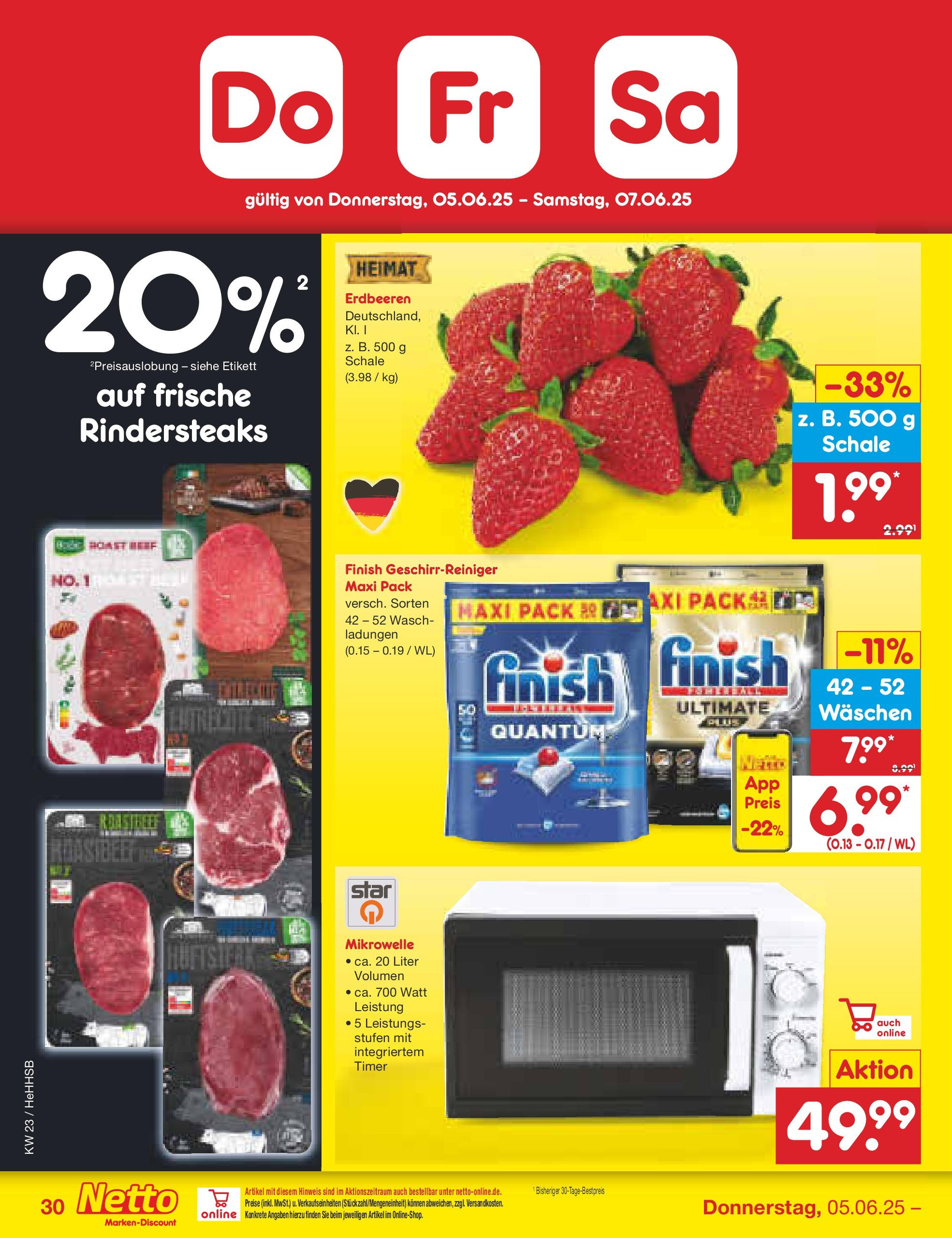 Netto Marken-Discount prospekt Hamburg (ab 01.06.2025) » Angebote | Seite: 52 | Produkte: Mikrowelle, Finish, Erdbeeren