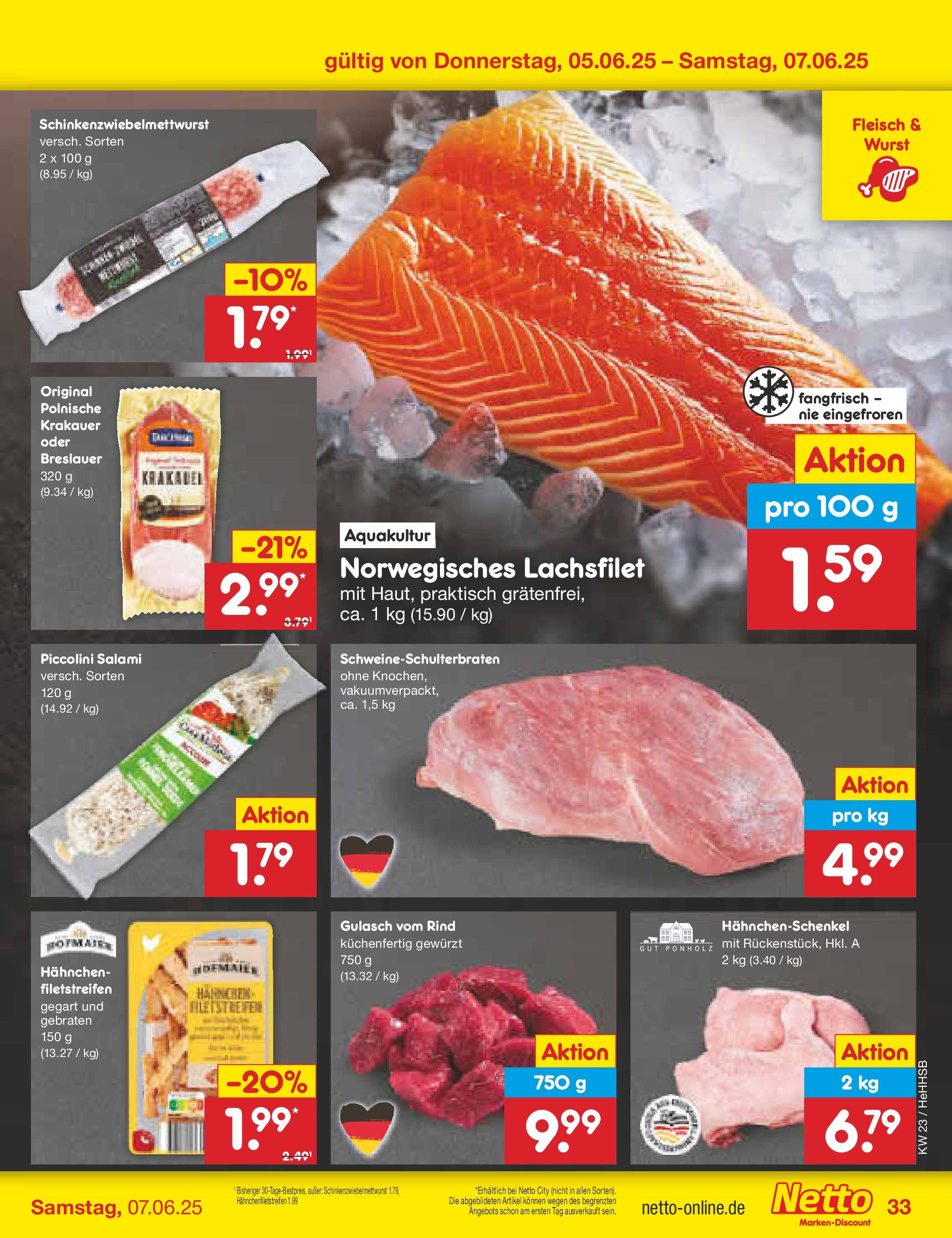 Netto Marken-Discount prospekt Hamburg (ab 01.06.2025) » Angebote | Seite: 55 | Produkte: Hahnchenschenkel, Gulasch, Salami, Fleisch