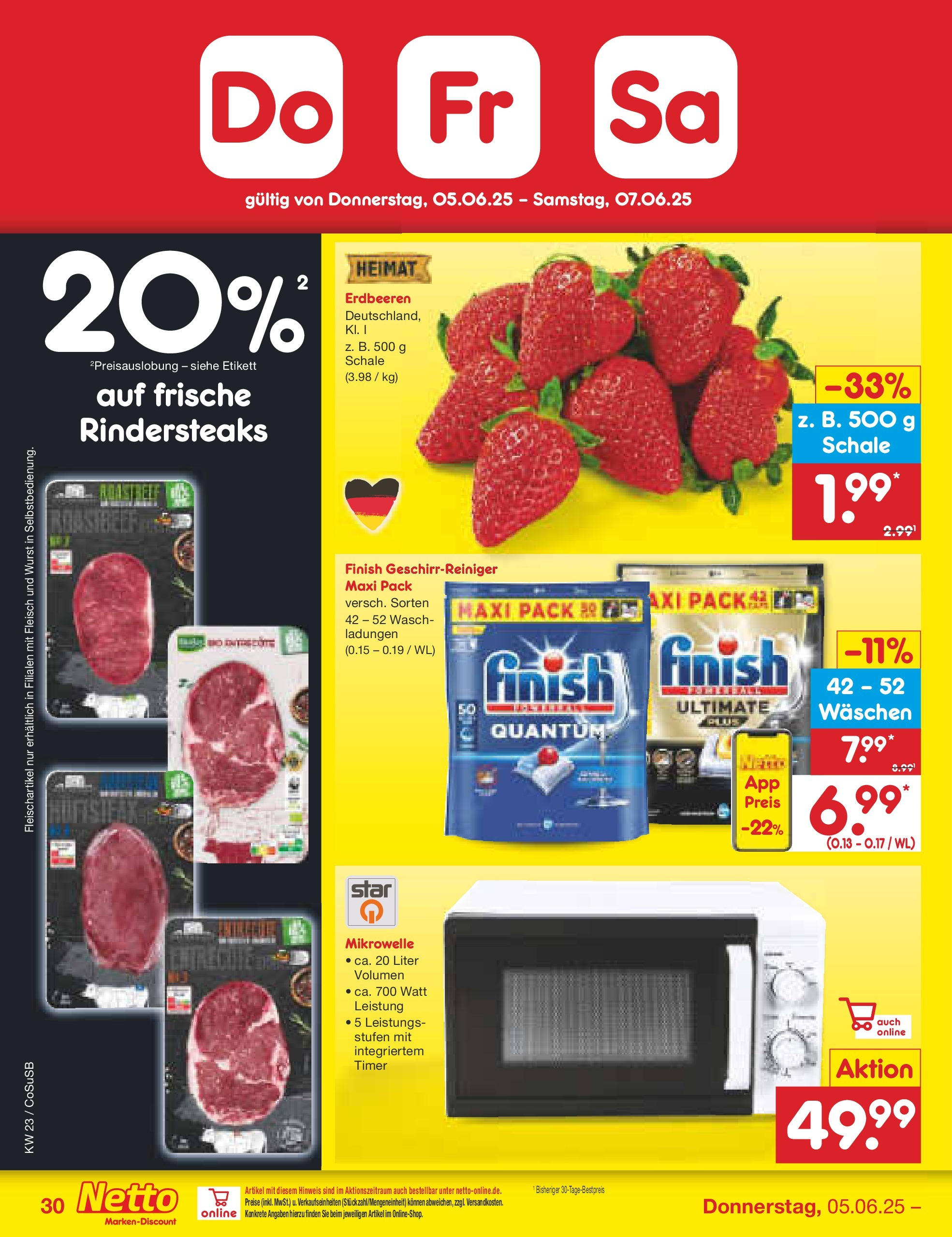 Netto Marken-Discount prospekt Bitterfeld-Wolfen (ab 01.06.2025) » Angebote | Seite: 52 | Produkte: Mikrowelle, Finish, Steak, Erdbeeren