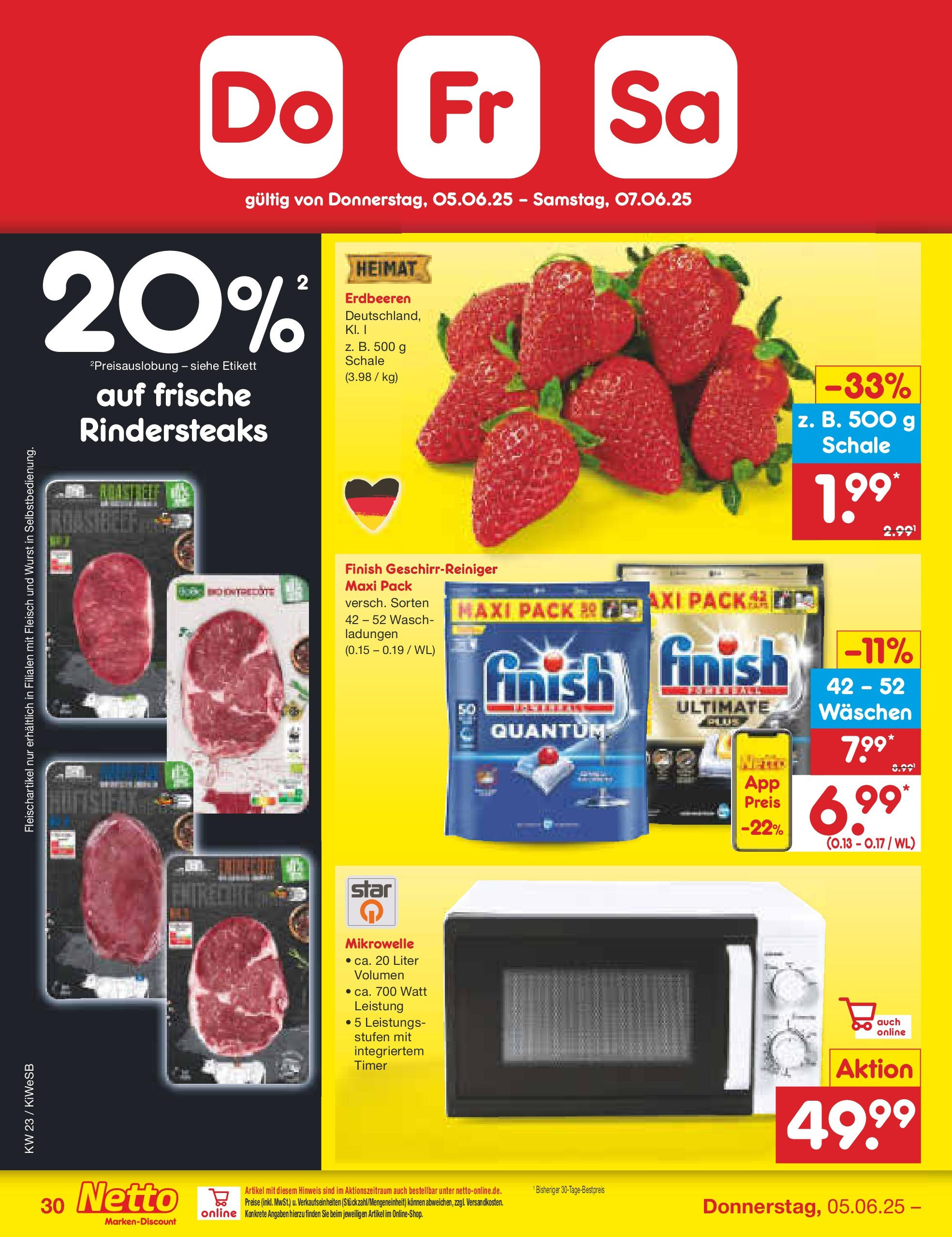Netto Marken-Discount prospekt Bad Friedrichshall (ab 01.06.2025) » Angebote | Seite: 52 | Produkte: Mikrowelle, Finish, Wurst, Erdbeeren