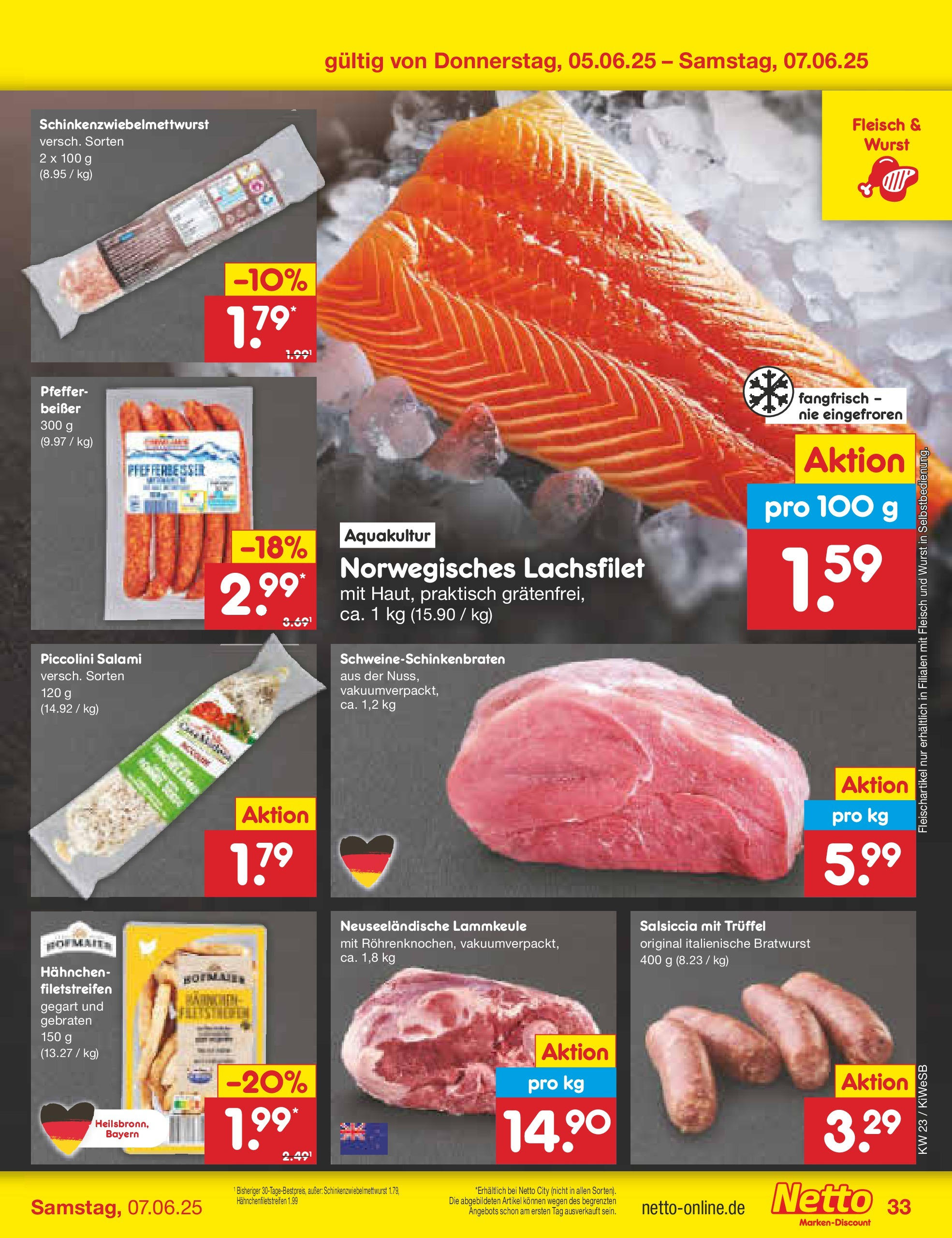 Netto Marken-Discount prospekt Bad Friedrichshall (ab 01.06.2025) » Angebote | Seite: 55 | Produkte: Lammkeule, Wurst, Salami, Fleisch