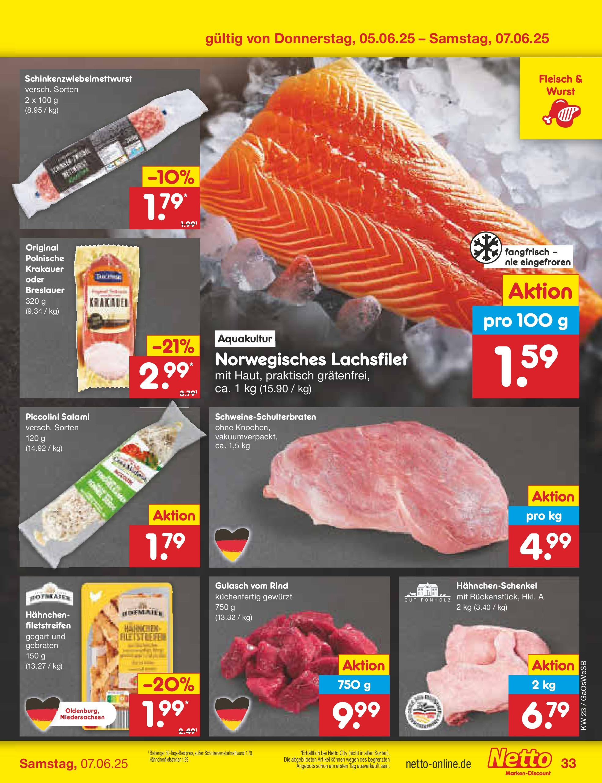 Netto Marken-Discount prospekt Moormerland (ab 01.06.2025) » Angebote | Seite: 55 | Produkte: Hahnchenschenkel, Gulasch, Salami, Fleisch