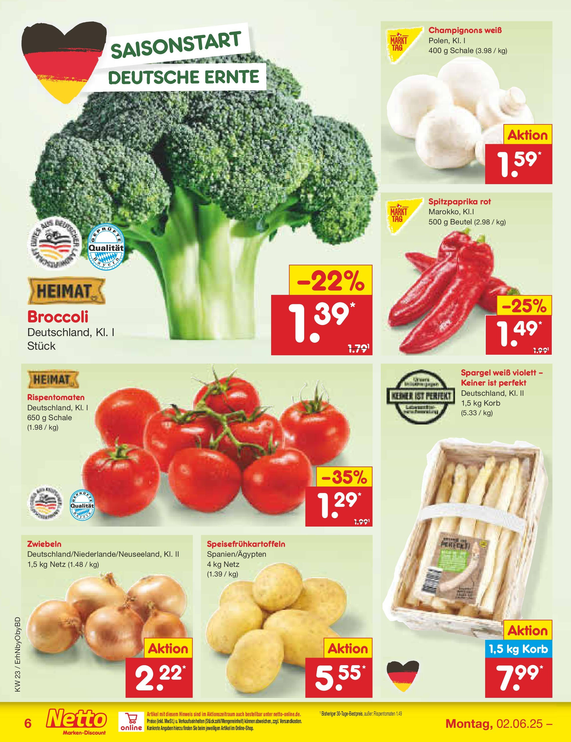 Netto Marken-Discount prospekt Velden (ab 01.06.2025) » Angebote | Seite: 6 | Produkte: Korb, Spargel, Champignons, Zwiebeln