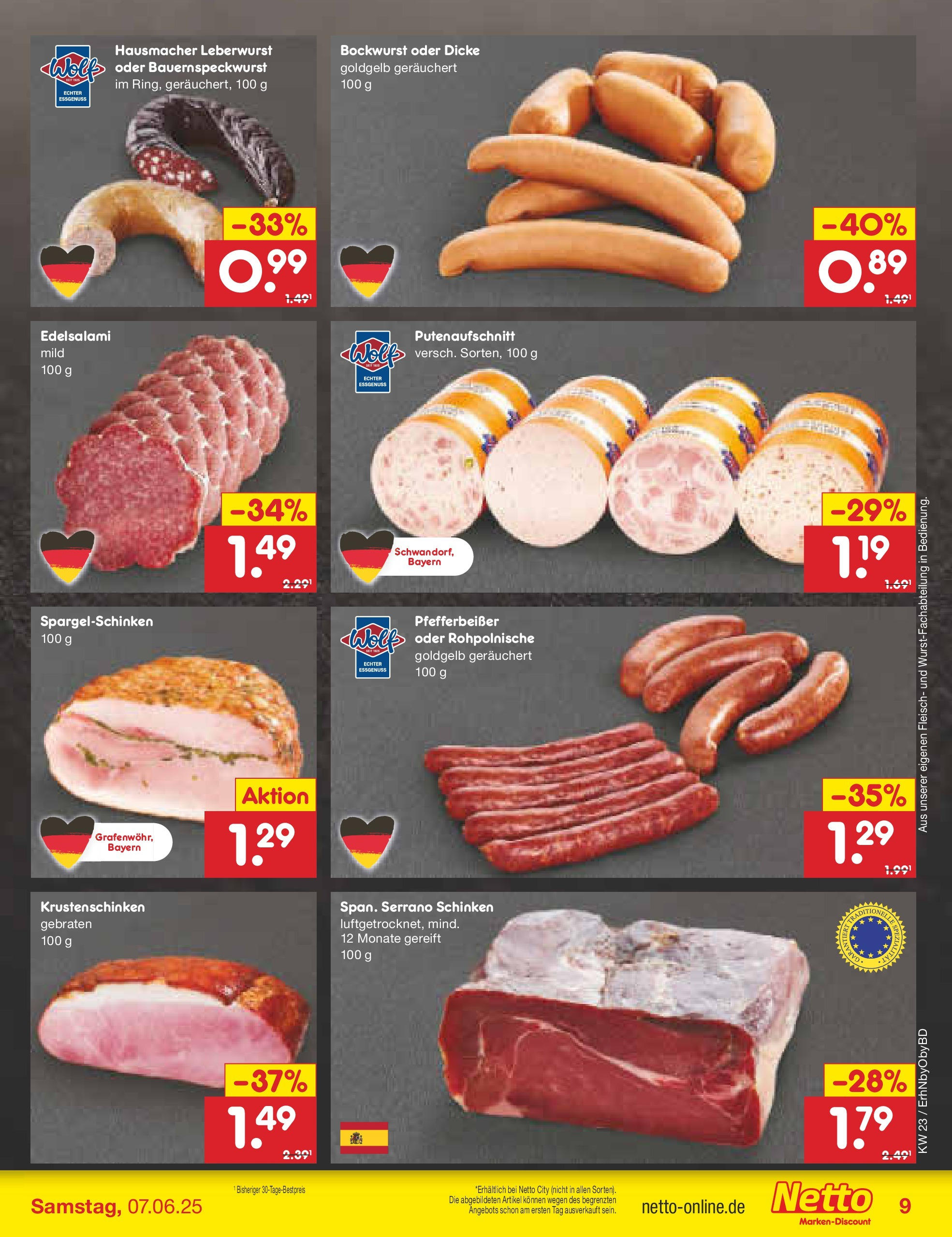 Netto Marken-Discount prospekt Velden (ab 01.06.2025) » Angebote | Seite: 11 | Produkte: Bockwurst, Serrano schinken, Schinken, Fleisch