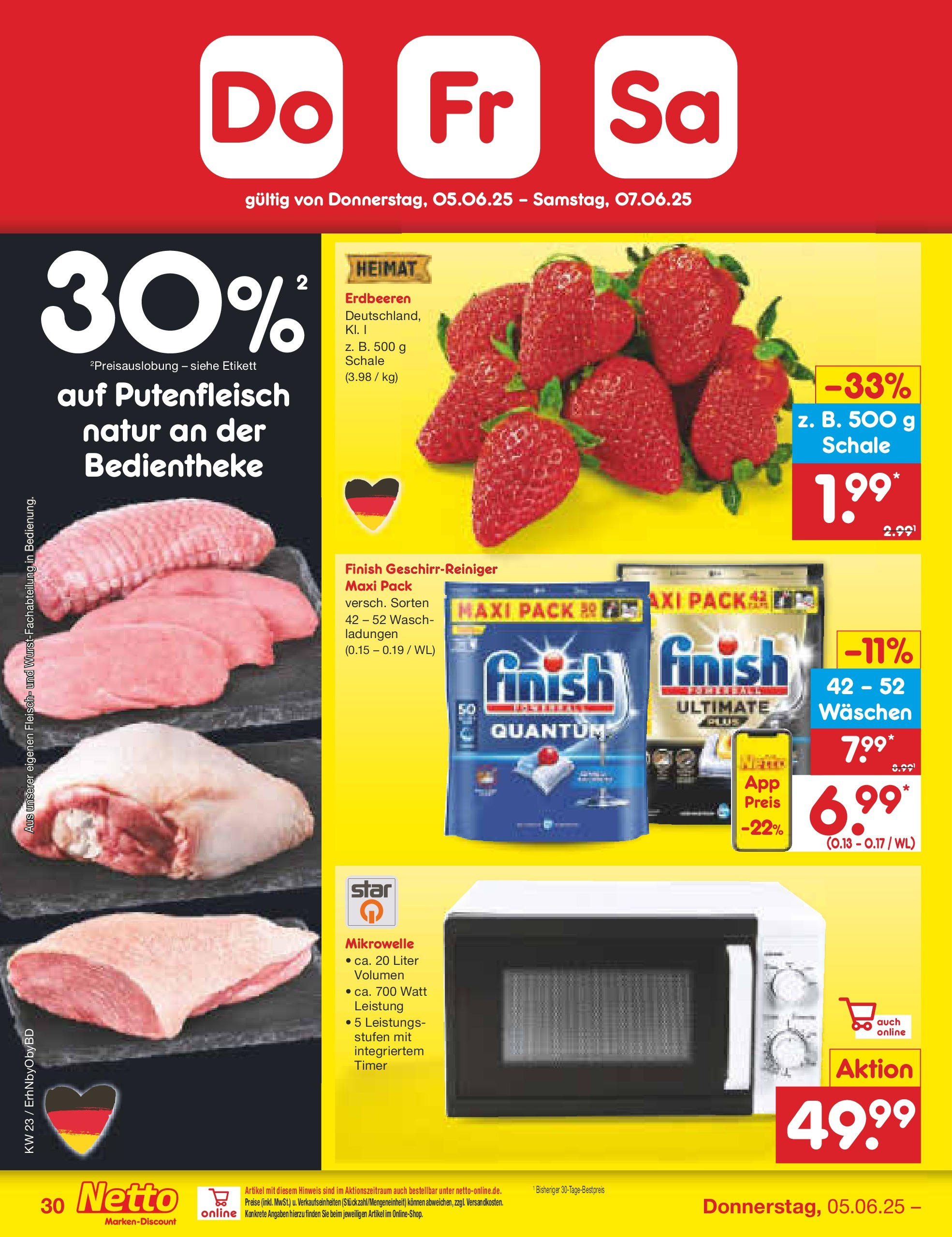 Netto Marken-Discount prospekt Velden (ab 01.06.2025) » Angebote | Seite: 52 | Produkte: Mikrowelle, Finish, Erdbeeren, Fleisch