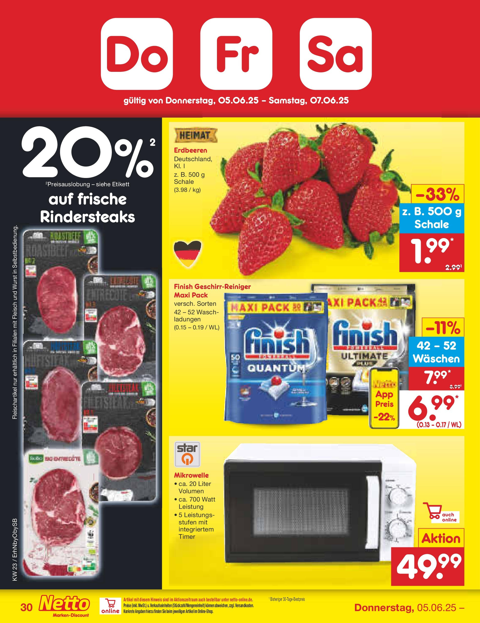 Netto Marken-Discount prospekt Metten (ab 01.06.2025) » Angebote | Seite: 52 | Produkte: Mikrowelle, Finish, Erdbeeren, Fleisch