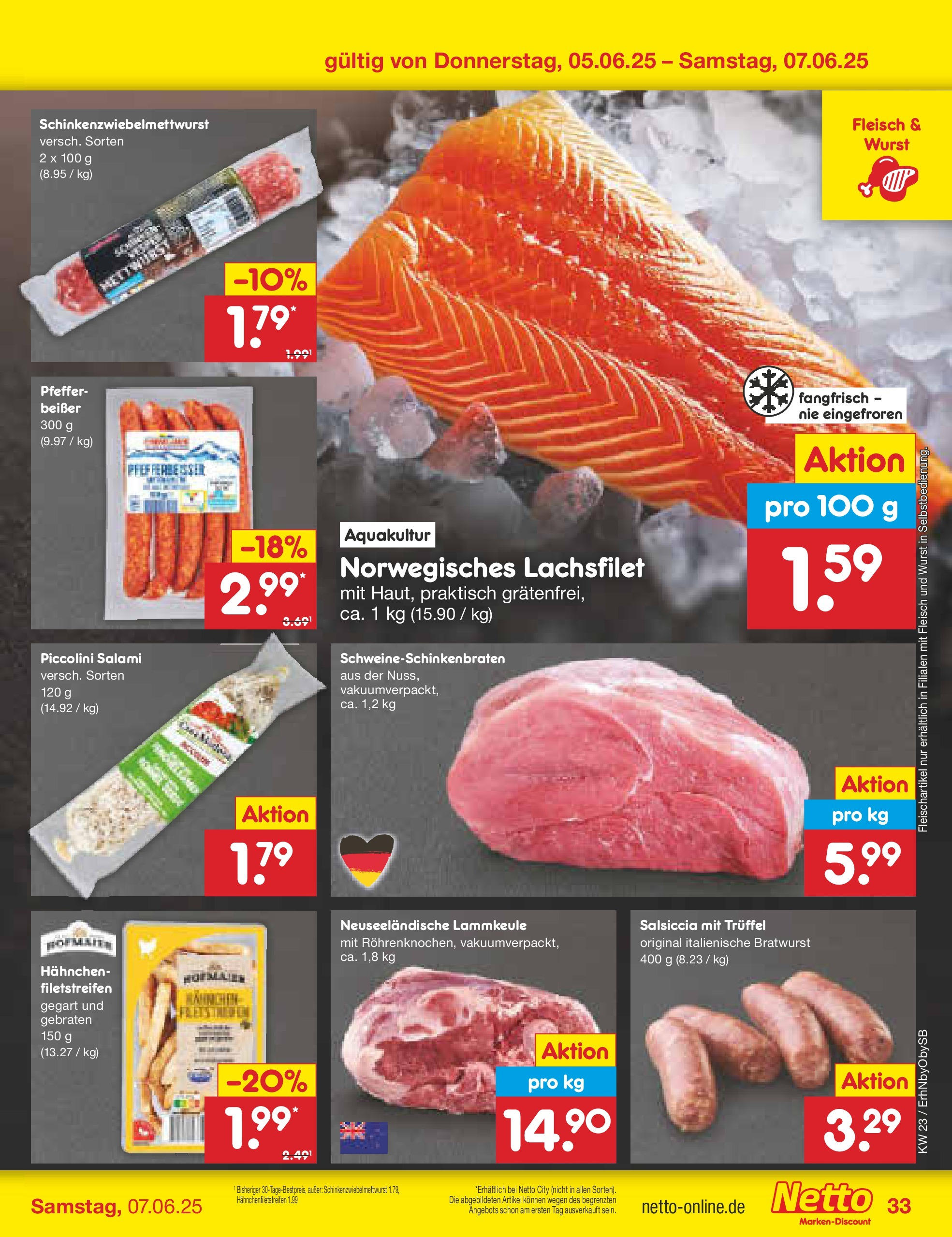 Netto Marken-Discount prospekt Metten (ab 01.06.2025) » Angebote | Seite: 55 | Produkte: Lammkeule, Pfeffer, Salami, Fleisch