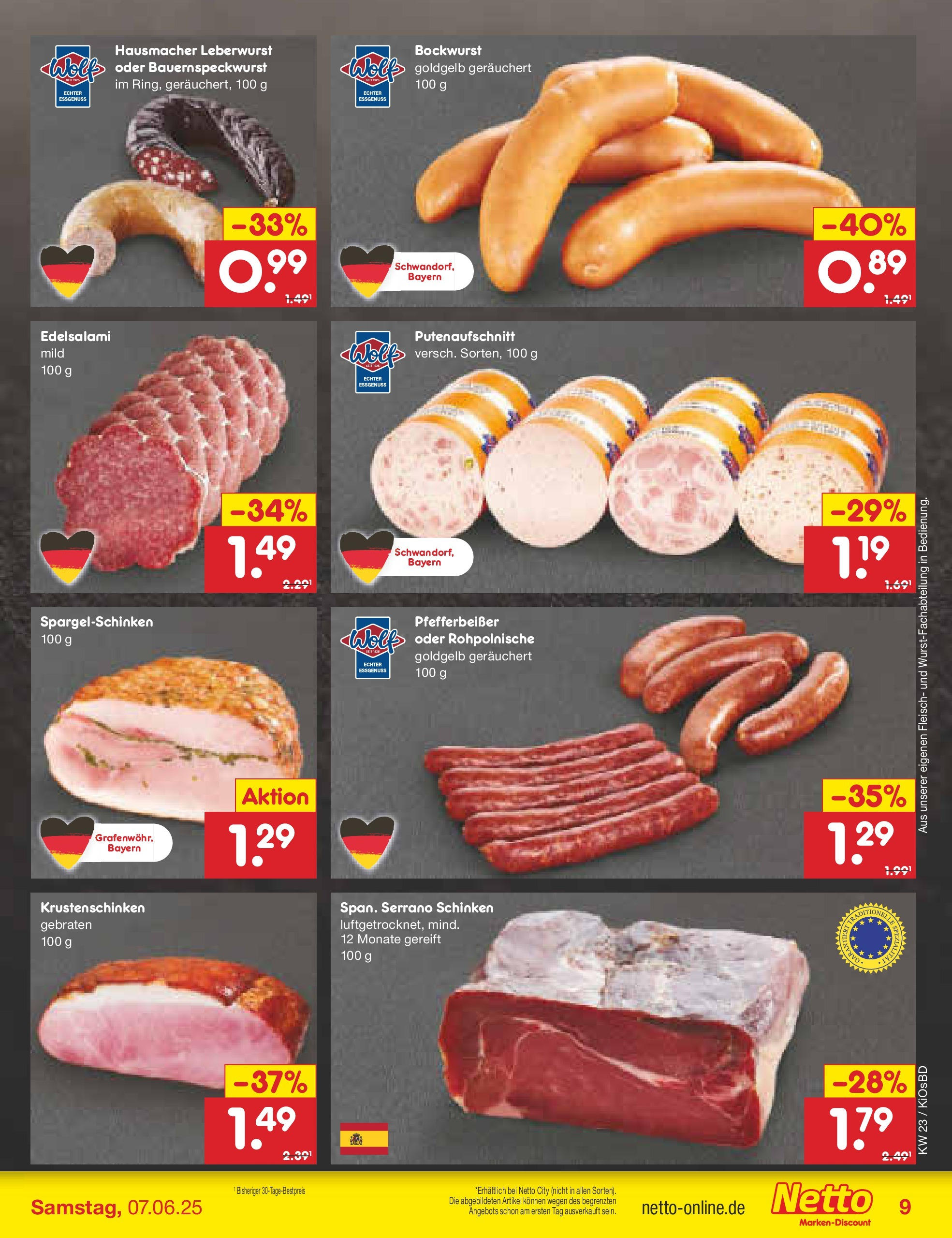 Netto Marken-Discount prospekt Mistelbach (ab 01.06.2025) » Angebote | Seite: 11 | Produkte: Bockwurst, Serrano schinken, Schinken, Fleisch