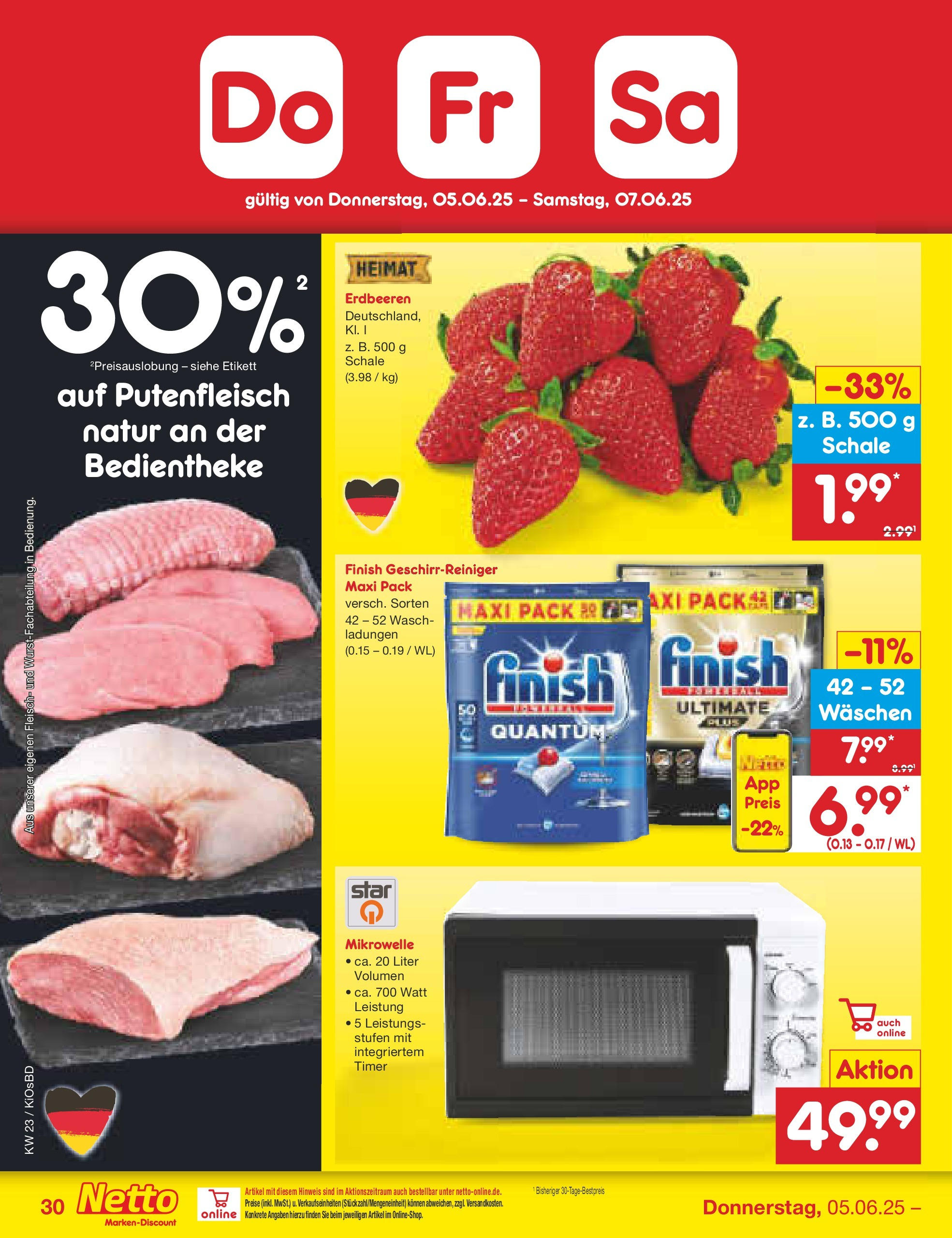 Netto Marken-Discount prospekt Mistelbach (ab 01.06.2025) » Angebote | Seite: 52 | Produkte: Mikrowelle, Finish, Erdbeeren, Fleisch