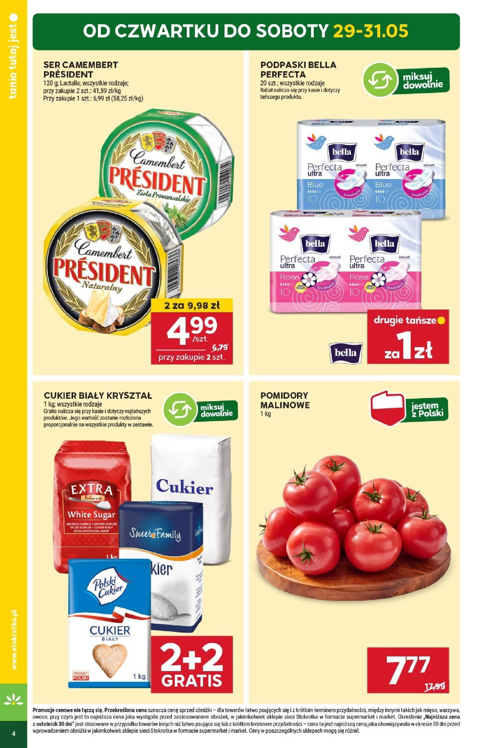 Stokrotka Gazetka 29.05.2025 - Promocje online | Strona: 4 | Produkty: Podpaski bella, Camembert, Pomidory, Cukier