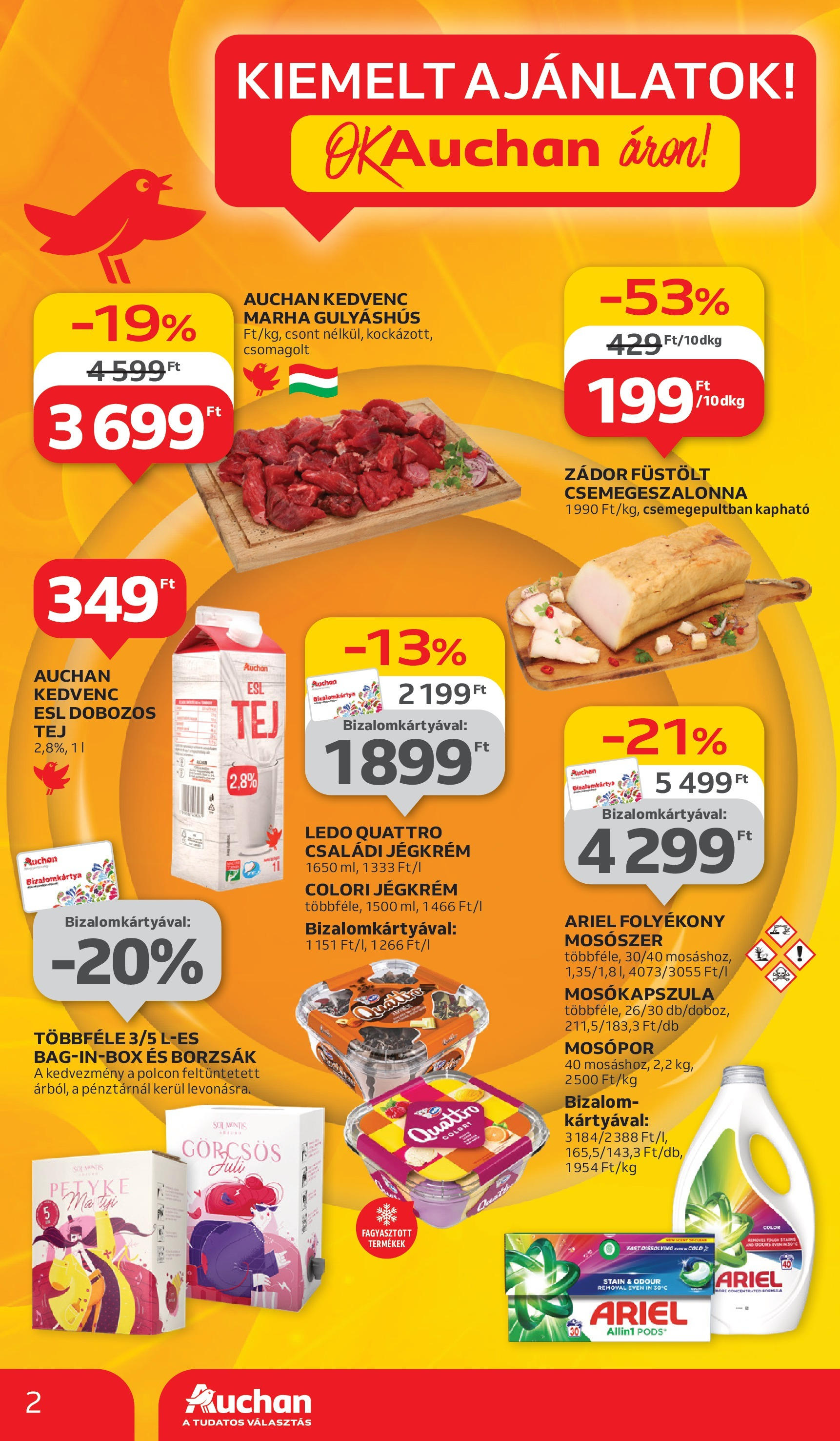 Auchan Akciós újság - 2025.05.29. -tól/töl > akció, lapozható szórólap 🛍️ | Oldal: 2 | Termékek: Ariel, Folyékony mosószer, Mosószer, Jégkrém