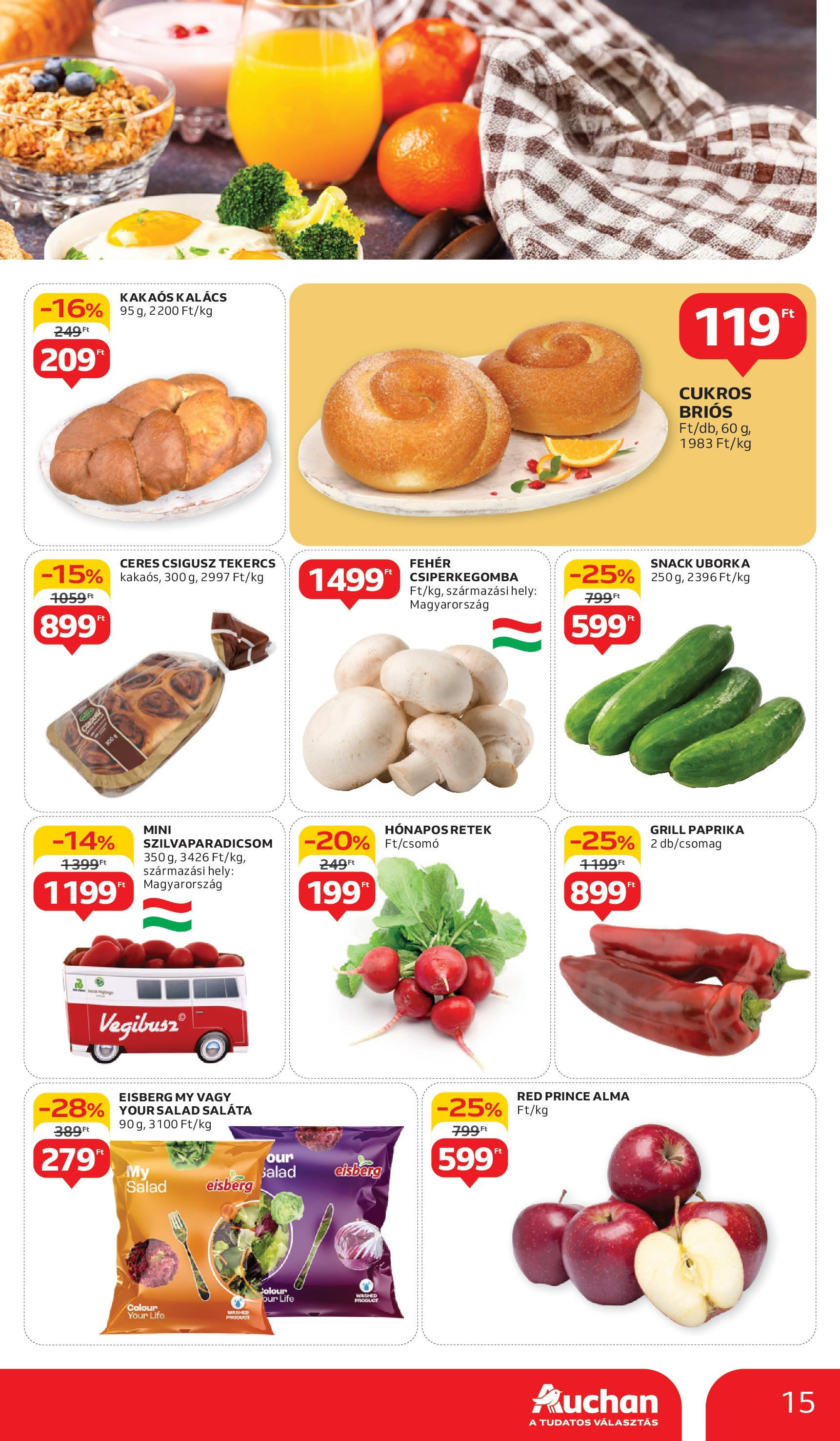 Auchan Akciós újság - 2025.05.29. -tól/töl > akció, lapozható szórólap 🛍️ | Oldal: 15 | Termékek: Csiperkegomba, Kalács, Retek, Uborka