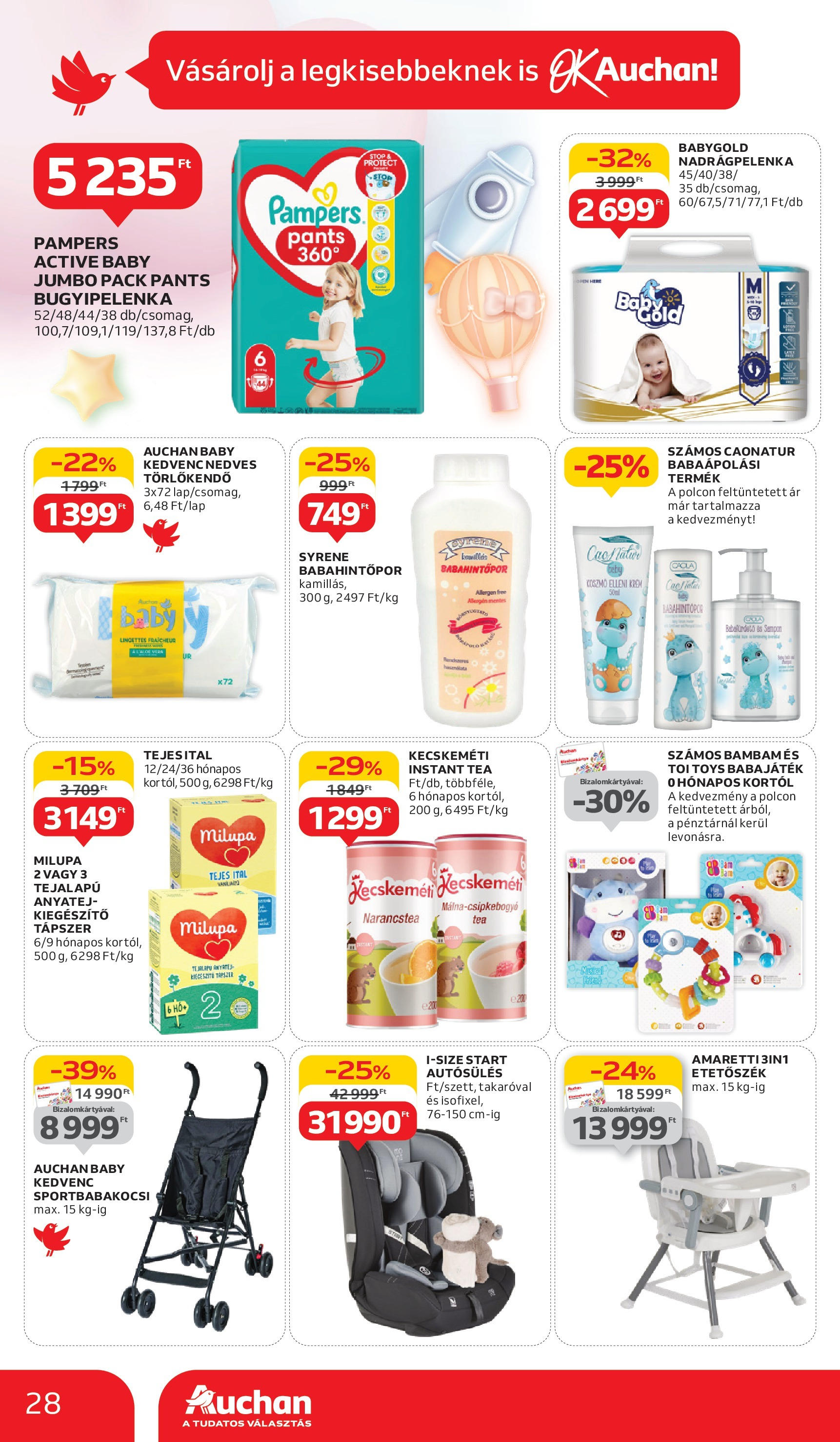 Auchan Akciós újság - 2025.05.29. -tól/töl > akció, lapozható szórólap 🛍️ | Oldal: 28 | Termékek: Pampers, Etetőszék, Törlőkendő, Nedves törlőkendő