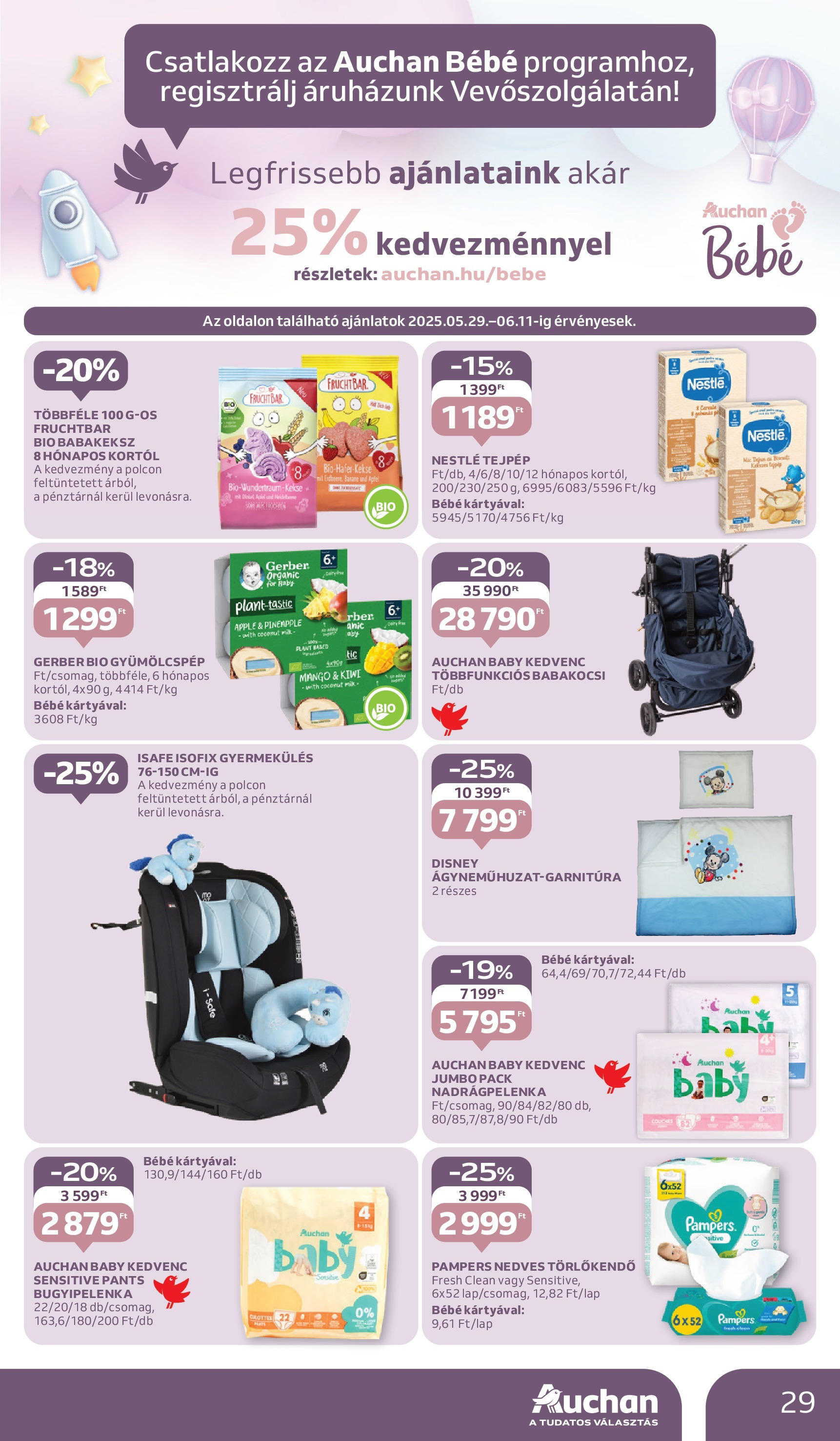 Auchan Akciós újság - 2025.05.29. -tól/töl > akció, lapozható szórólap 🛍️ | Oldal: 29 | Termékek: Pampers, Nedves törlőkendő, Babakocsi, Kiwi