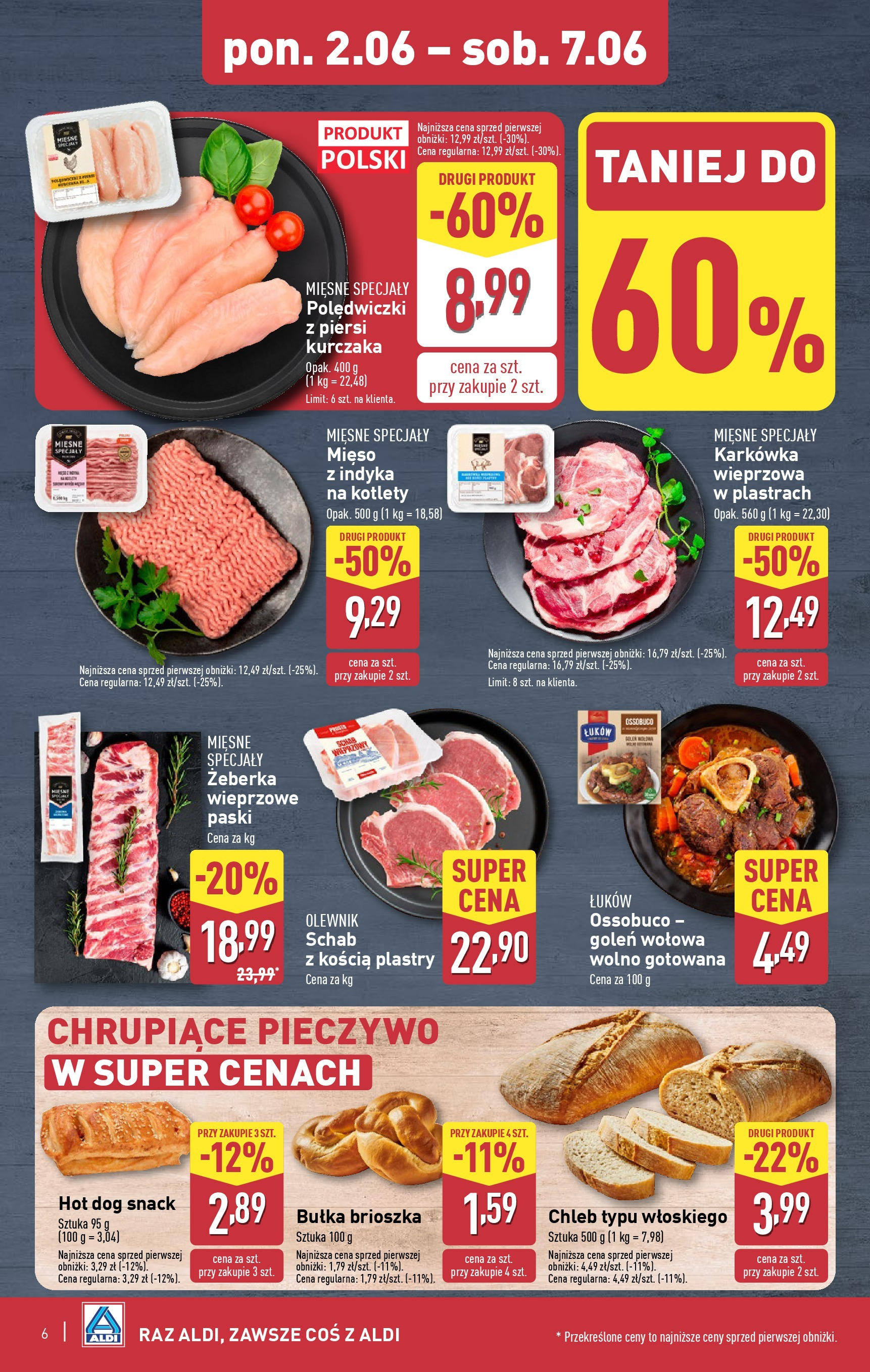 Aldi Gazetka od 02.06.2025 - Ulotka PDF, promocje | Strona: 6 | Produkty: Karkówka, Mięso z indyka, Bułka, Chleb