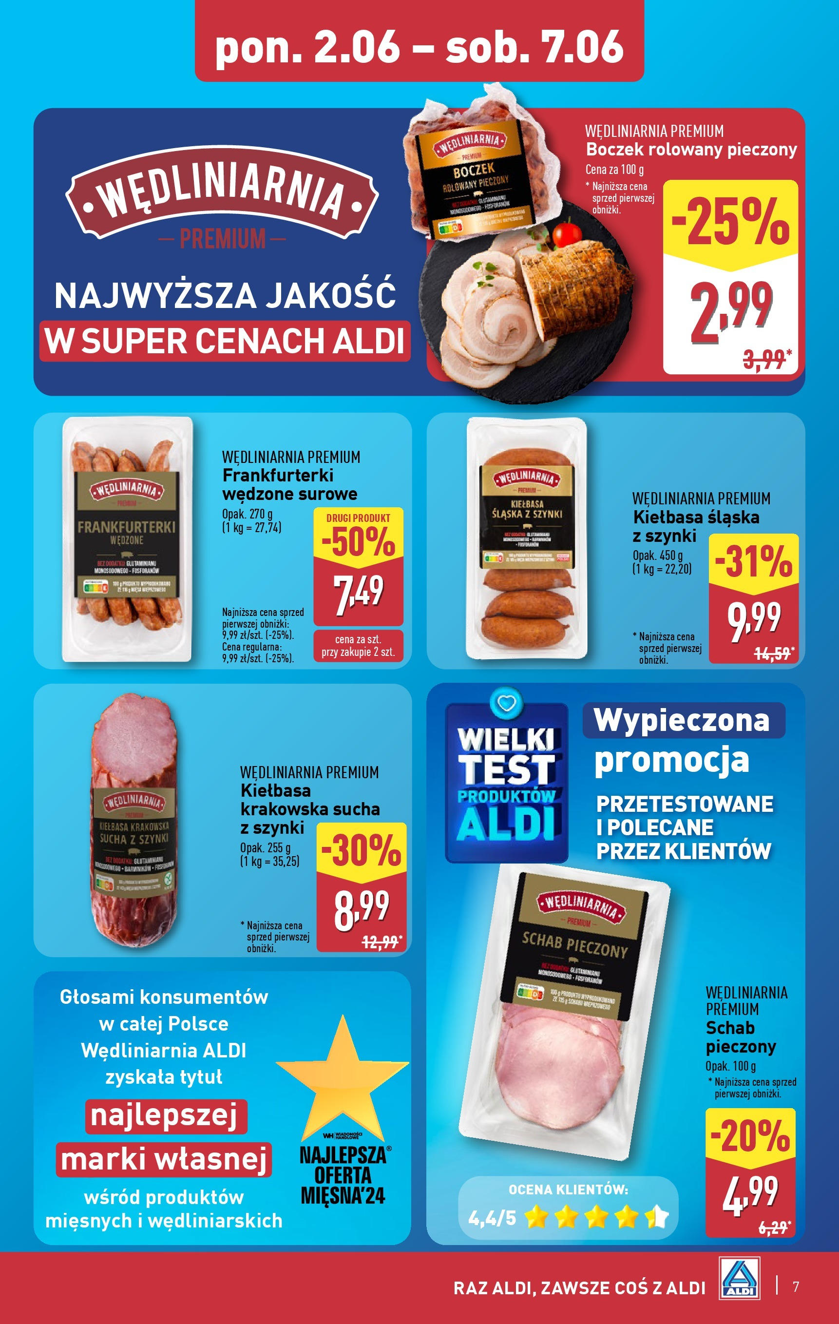 Aldi Gazetka od 02.06.2025 - Ulotka PDF, promocje | Strona: 7 | Produkty: Schab, Kiełbasa krakowska, Boczek, Schab pieczony