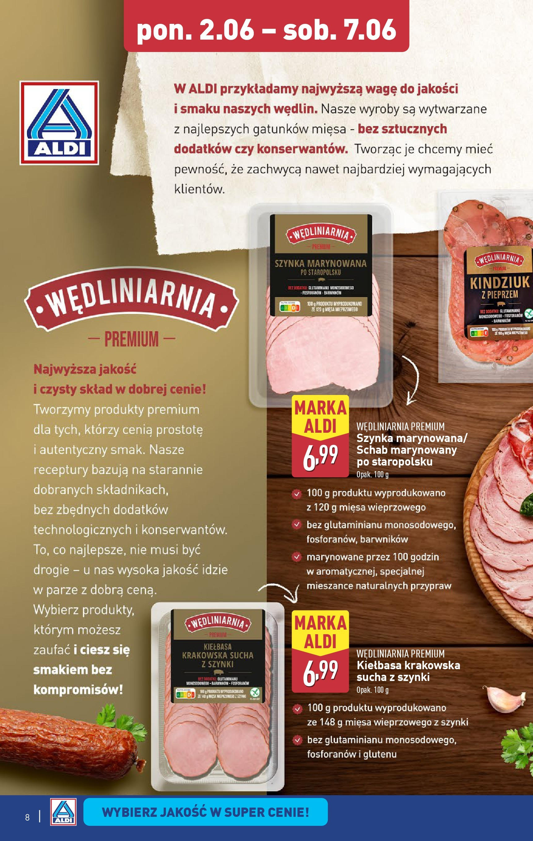 Aldi Gazetka od 02.06.2025 - Ulotka PDF, promocje | Strona: 8 | Produkty: Schab, Szynka, Kiełbasa krakowska, Kindziuk
