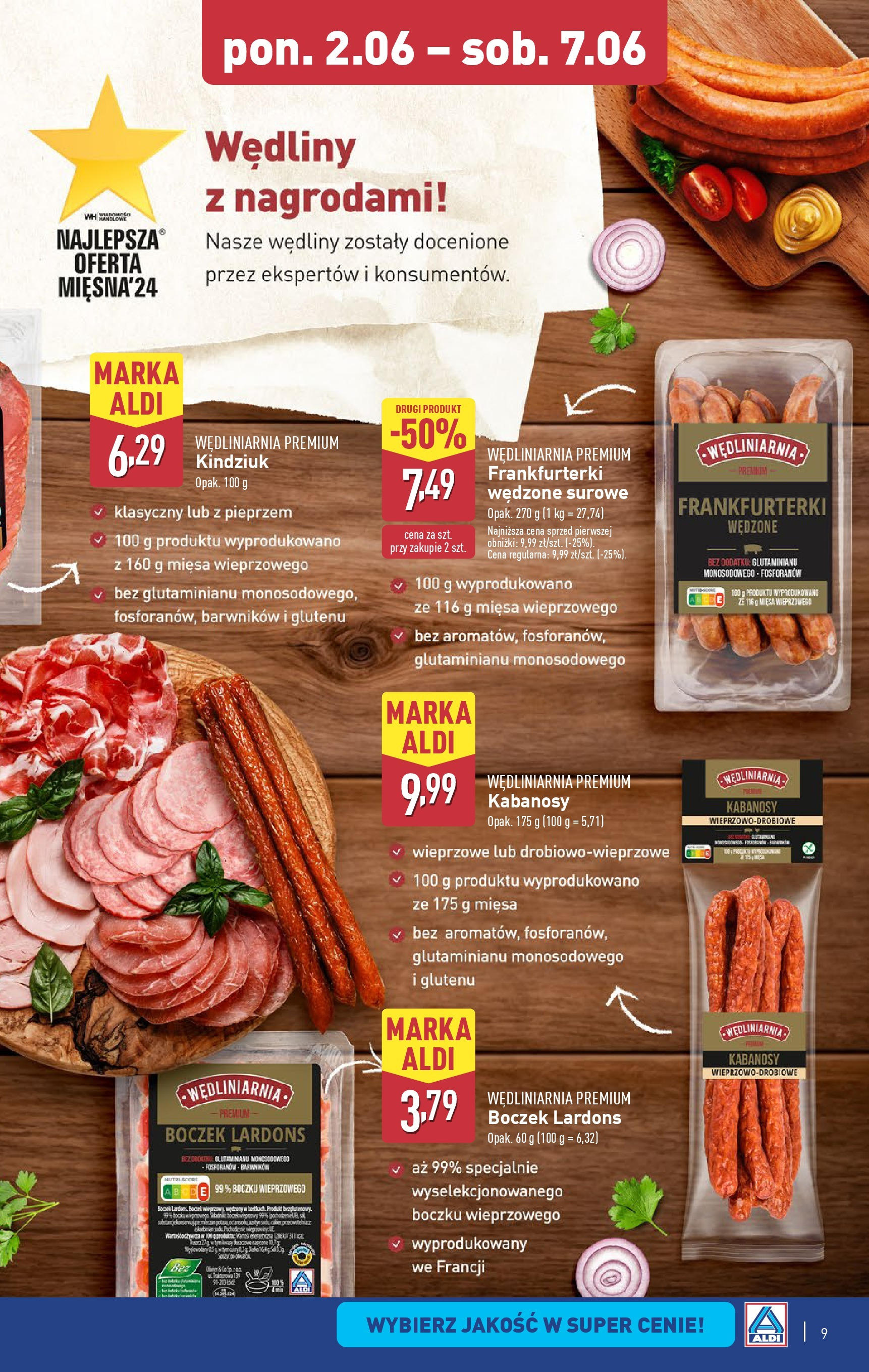 Aldi Gazetka od 02.06.2025 - Ulotka PDF, promocje | Strona: 9 | Produkty: Frankfurterki, Kabanosy, Boczek, Kindziuk