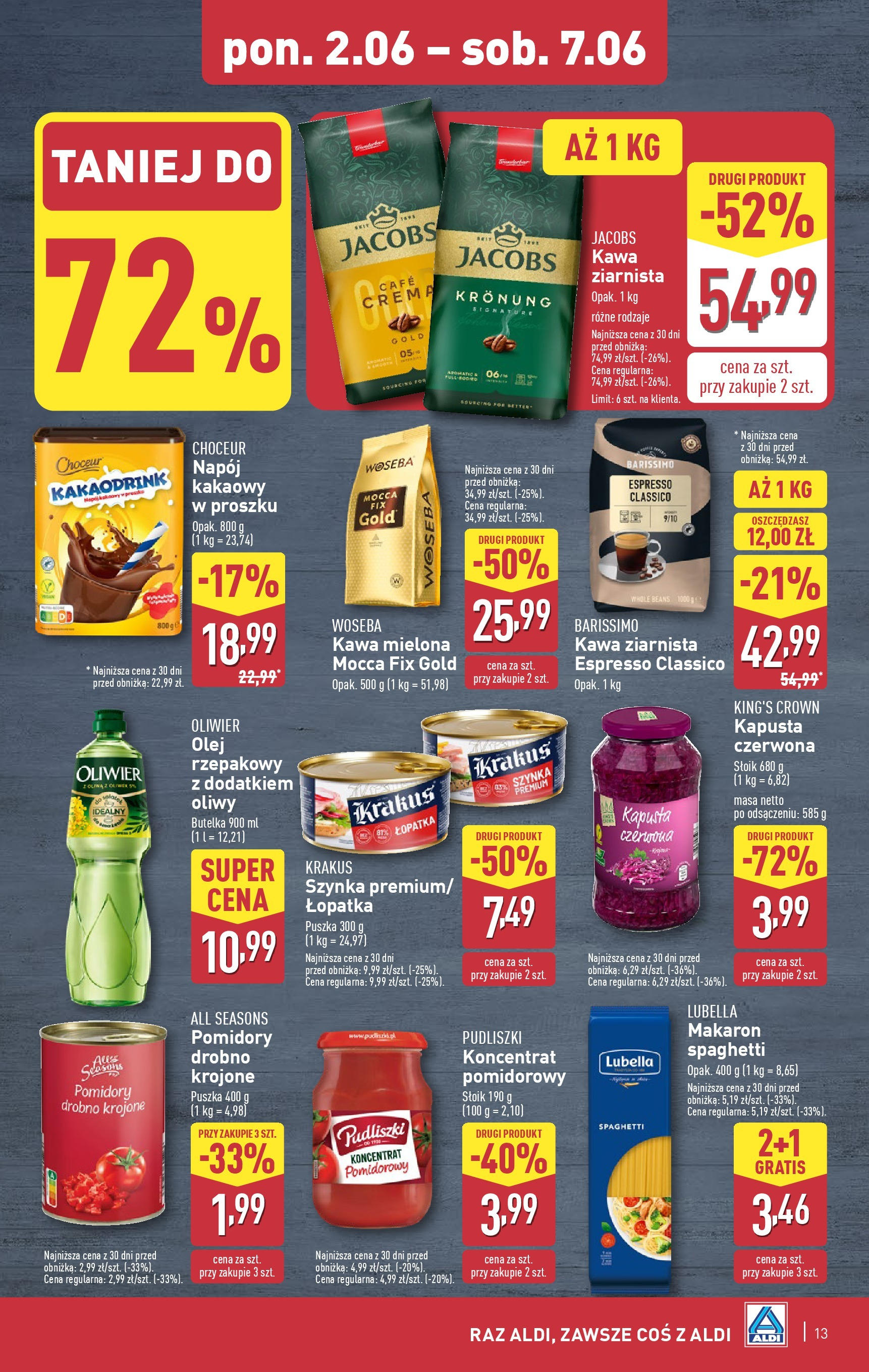 Aldi Gazetka od 02.06.2025 - Ulotka PDF, promocje | Strona: 13 | Produkty: Olej rzepakowy, Szynka, Kawa, Pomidory