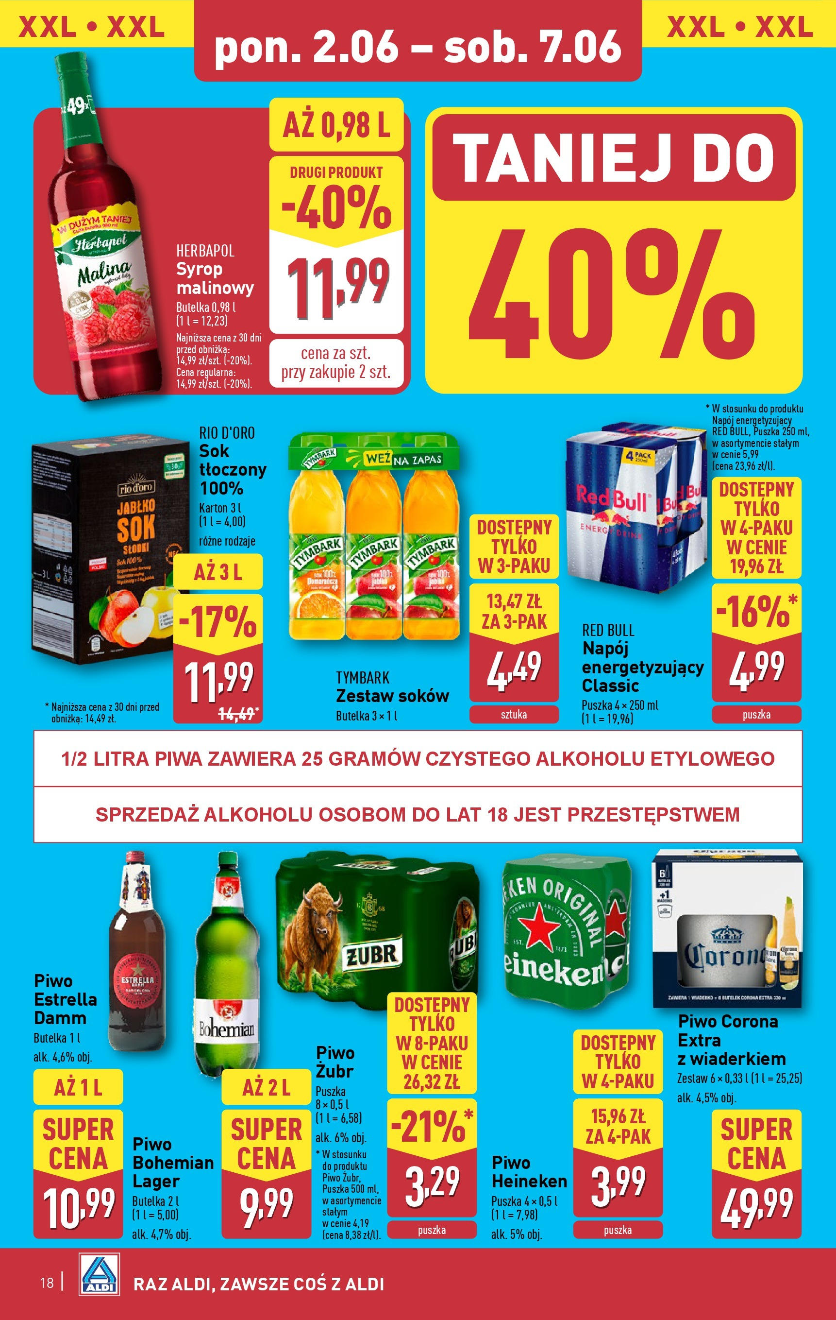Aldi Gazetka od 02.06.2025 - Ulotka PDF, promocje | Strona: 18 | Produkty: Piwo żubr, Red bull, Sok, Piwo