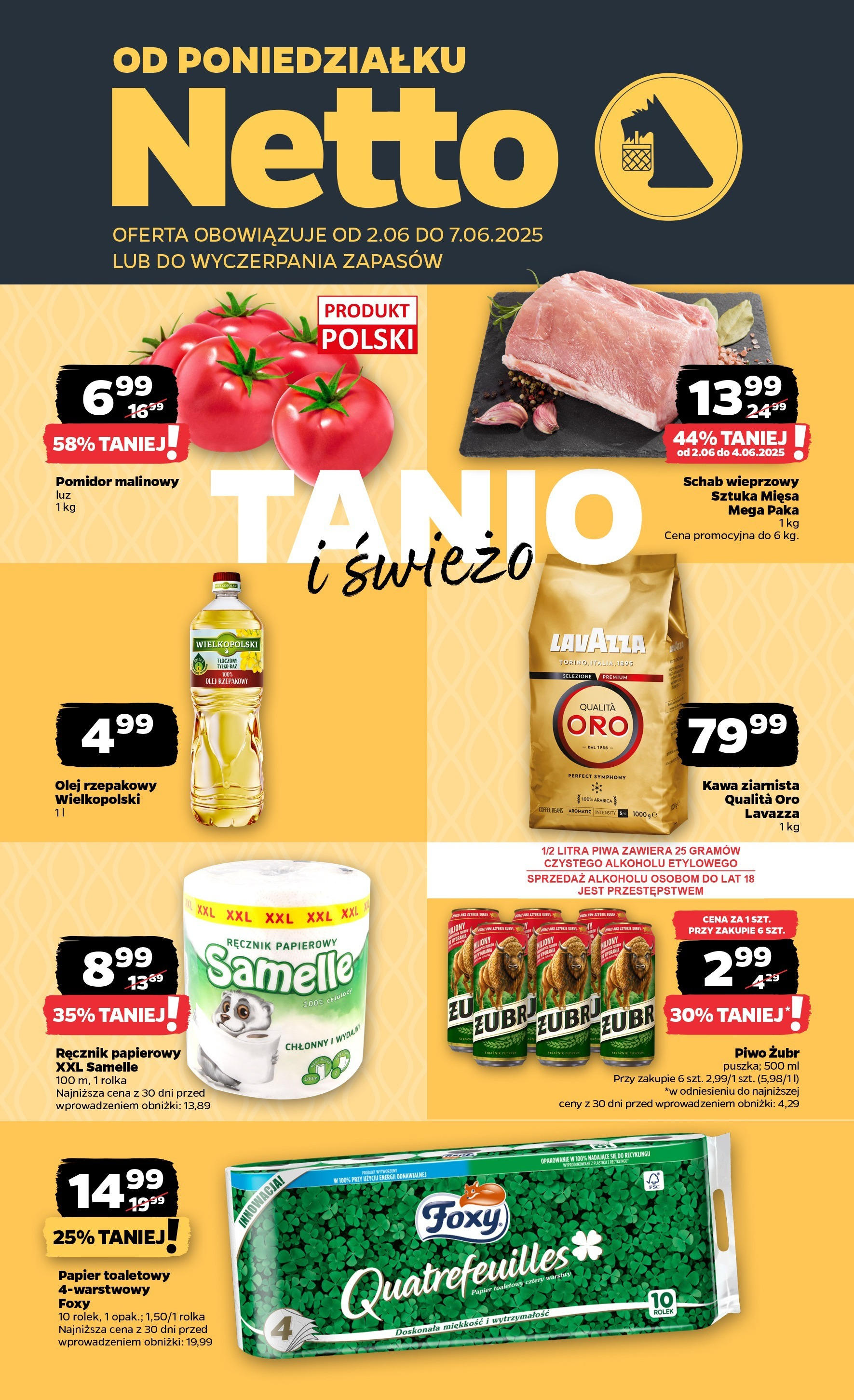 Netto gazetka - Spożywcza od 02.06.2025 - Aktualne promocje | Strona: 1 | Produkty: Piwo żubr, Pomidor malinowy, Papier toaletowy, Kawa
