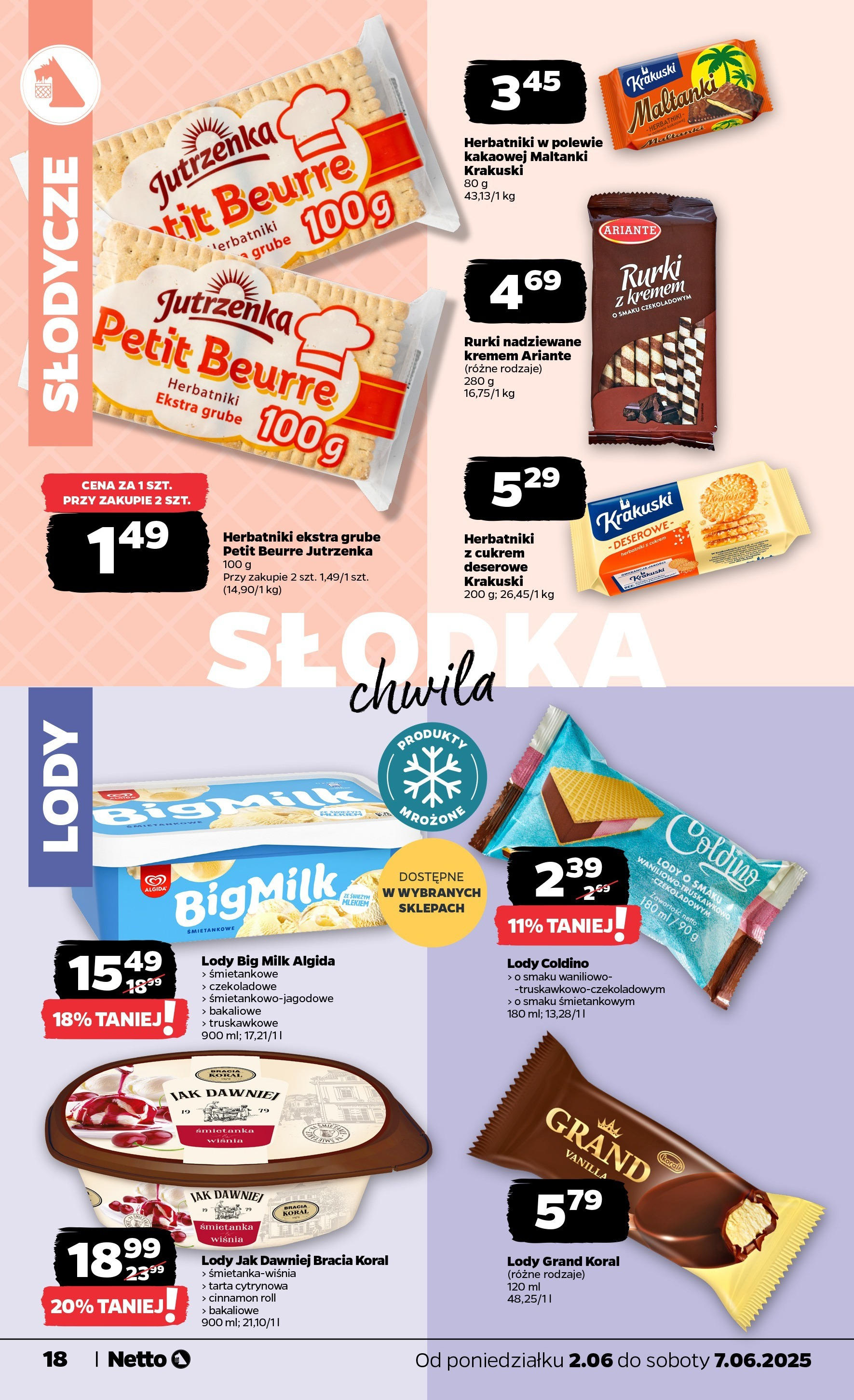 Netto gazetka - Spożywcza od 02.06.2025 - Aktualne promocje | Strona: 18 | Produkty: Coldino lody, Big Milk, Herbatniki, Lody