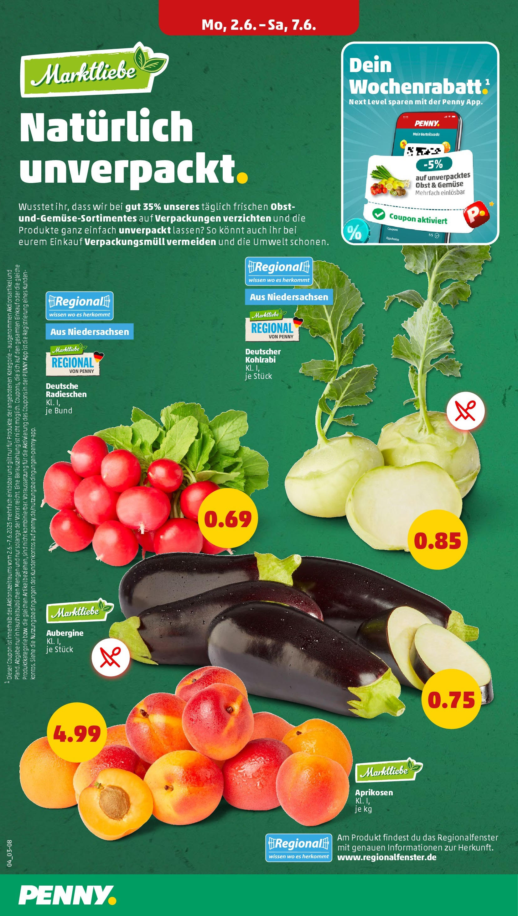 Penny - Penny: Wochenangebote (ab 01.06.2025) » Angebote Online | Seite: 6 | Produkte: Kohlrabi, Gemüse, Obst, Aubergine