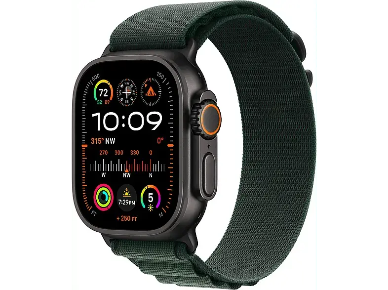 Apple Watch Ultra 2 GPS + Cellular 49mm Black Titanium Case mit Dark Green Alpine Loop - Small; Smartwatch