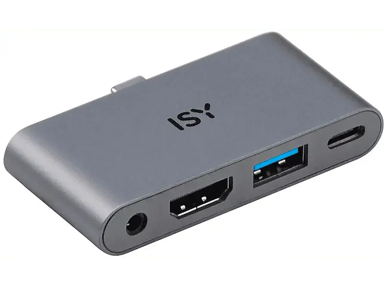 ISY IAD 1019-1 4-in-1 Multiport Adapter, USB-A 3.1, HDMI 2.0 4K60p, PD 3.0 100W, Aluminium, Grau