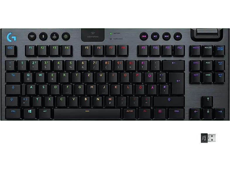 LOGITECH G G915 TKL Lightspeed Kabellose RGB Gaming Tastatur ohne Ziffernblock (Linear), Lightsync RGB, DEU (Qwertz), Schwarz/Carbon