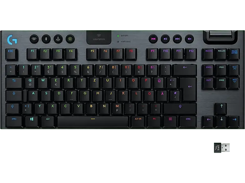 LOGITECH G G915 TKL Lightspeed Kabellose RGB Gaming Tastatur ohne Ziffernblock (Linear), Lightsync RGB, DEU (Qwertz), Schwarz/Carbon